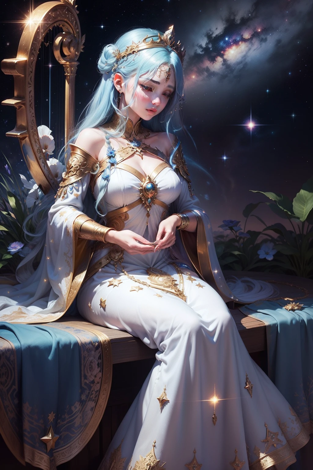 Image type：illustration、Fantasy painting
topic：God girl、harp(Highest definition)(Perfect facial features，Perfect flesh)
Details keywords：galactic、Light blue long dress、As estrelas、kosmos、ray of lights(ultra intricately detailed)
enviroment：mistic、peacful、huge
Lighting effects：Soft starlight sprinkles on the goddess and harp
compose：The goddess is in the center of the picture，The Milky Way and stars form the background，Long skirt floating，The harp is placed next to the goddess
Art style：fanciful、dream magical、Delicate drawing technique、pastelcolor