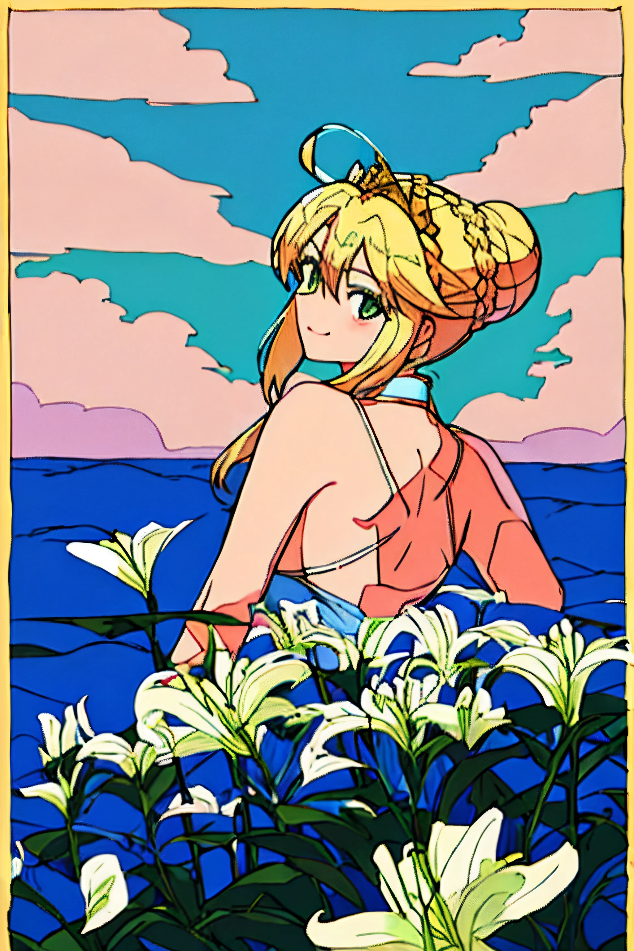 Masterpiece, Best quality, Flat color,
Artoria Pendragon, (清晰的线条),
Blonde hair, Blue and white gold,
1girll, Mini crown, Braided bun,
Green eyes, Smile,
From the side Side, looking back over shoulder at viewer,
Clouds, the lilies, Depth of field, Border