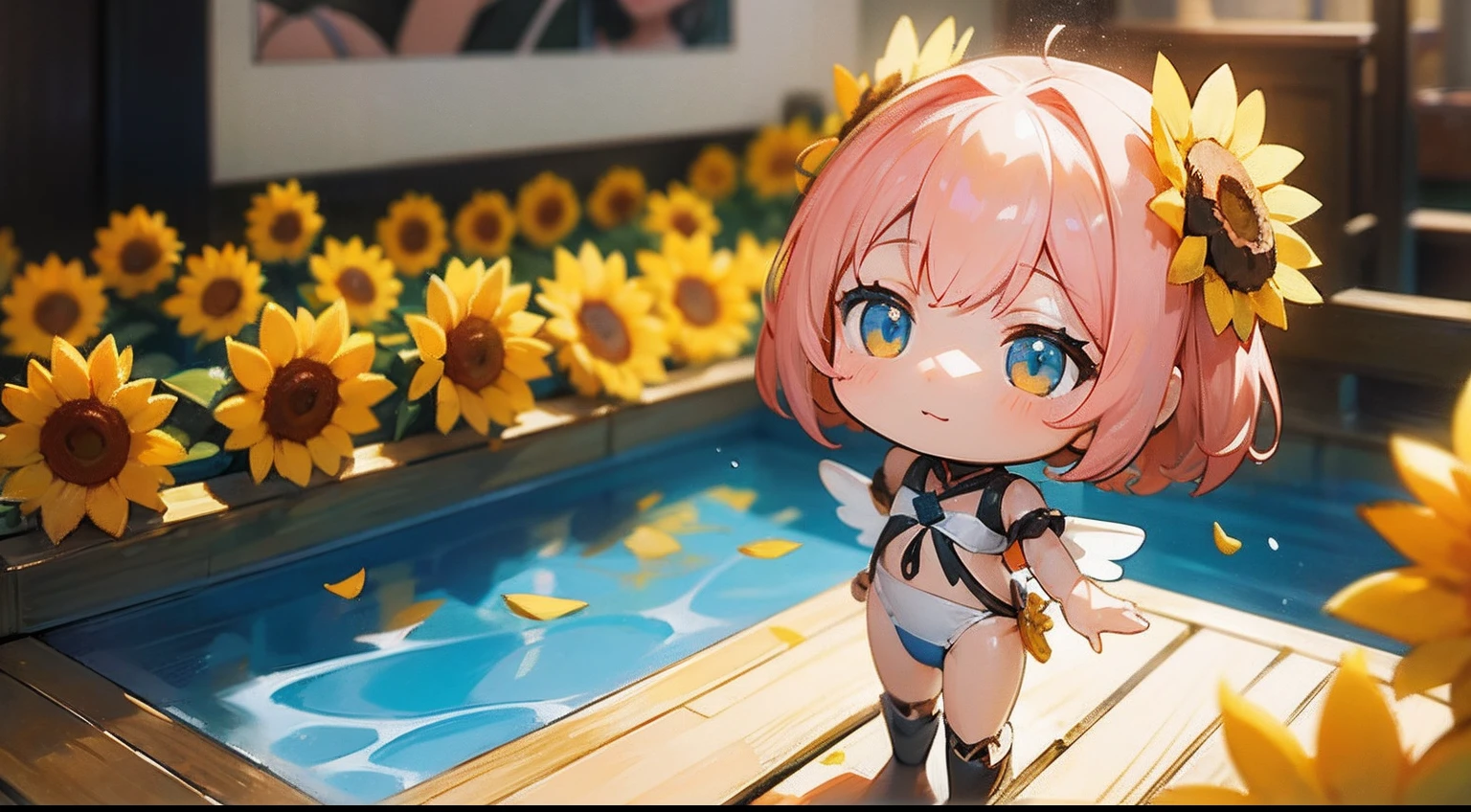 photoRealstic、 "Code Angel"、Doll standing in front of the painting、swim wears、laugh face、Water droplets on the cheeks、Selfie Pose、Sengai、pixiv、rokoko、dollfie dream、watercolor Nendoroid、(High Definition Figure)、flowing sakura-colored silk、nendroid、up of face、There are also flowers in front of the nendroids、Sunflower petals、season!!: 夏☀ 🍂 ヒマワリ