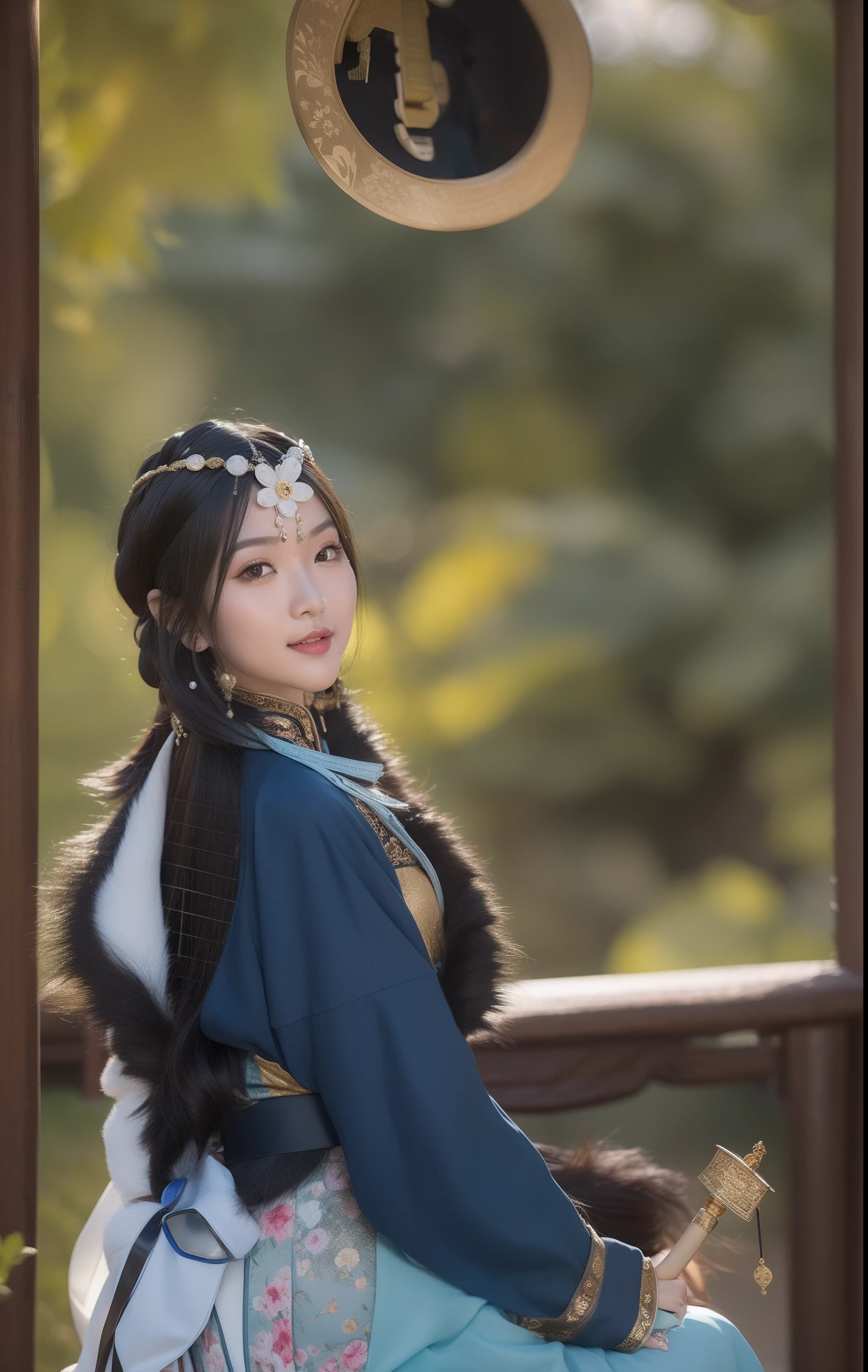 The Arad woman in a blue dress sits on the steps, Chinese traditional, a young woman as genghis khan,(Daisaku),(Need),(Super meticulous),(full bodyesbian:1.2),1girl,tchibi,adolable,ssmile,Open-mouthed,florals,exteriors,plays the guitar,Music,beret,Hold the guitar,Manteau,Blushlush,The tree,:3,The shirt,short detailed hair,SakuraNS,green headwear,Blurred,A brown-haired,Blush stickers,longer sleeves,By bangs,Earphone,brunette color hair,pinkflower,(beautiful  detailed face),(美丽细致的眼睛),