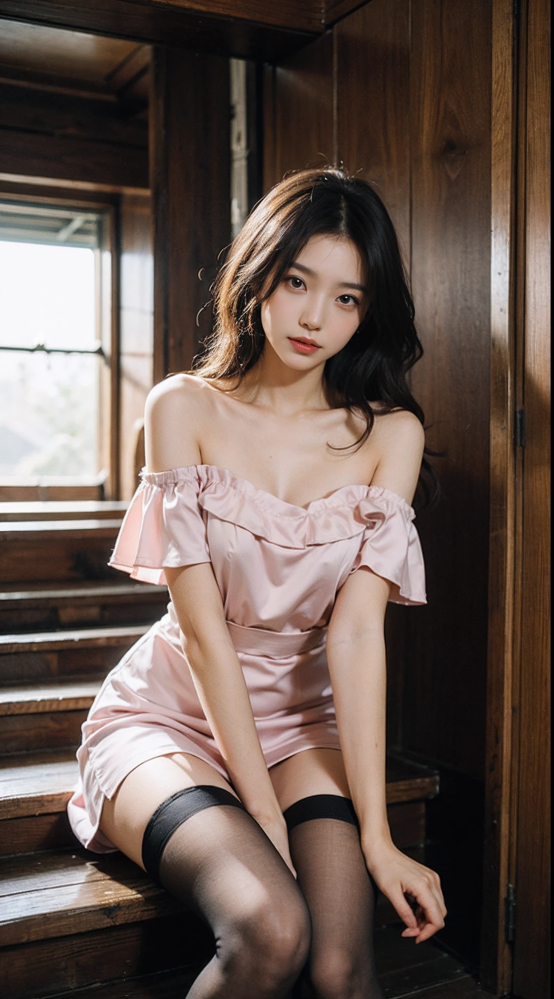 (8K,tmasterpiece,RAW photos,best qualtiy,the detail:1.2),Japanese female model,height is 180 cm,perfect bodies,wavy and long hair,Blonde hair,Pose on wooden stairs in pink off-the-shoulder dress and heels,wearing silk stockings,Wear black pantyhose,full lenght shot, Thin stockings, tightly dress,Ray tracing