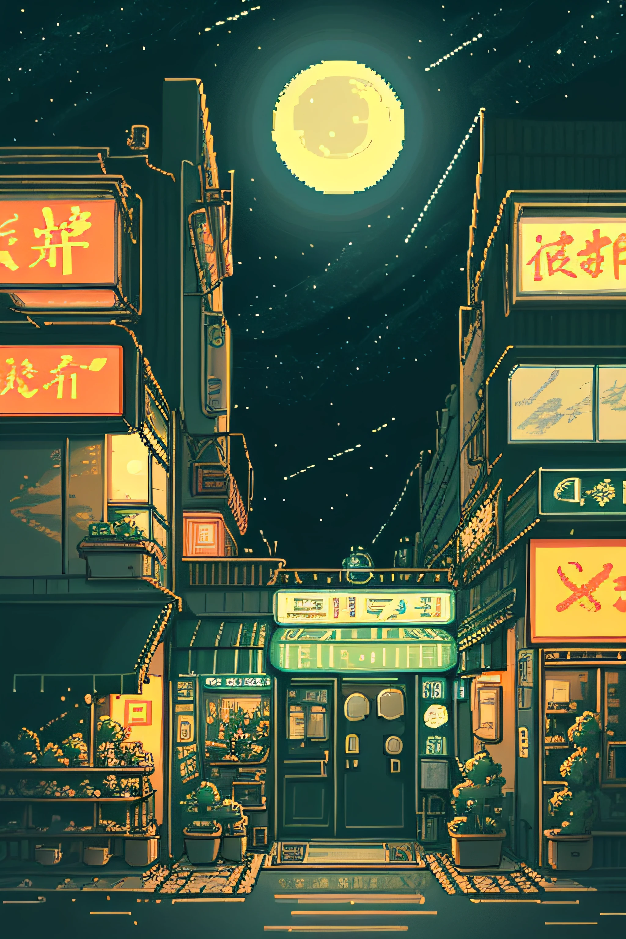 no humans, outdoors, sky, night, moon, plant, ramen shop, star (sky), night sky, scenery, city, sign, potted plant, wide shot, crescent moon, neon lights, pixel art, pixel