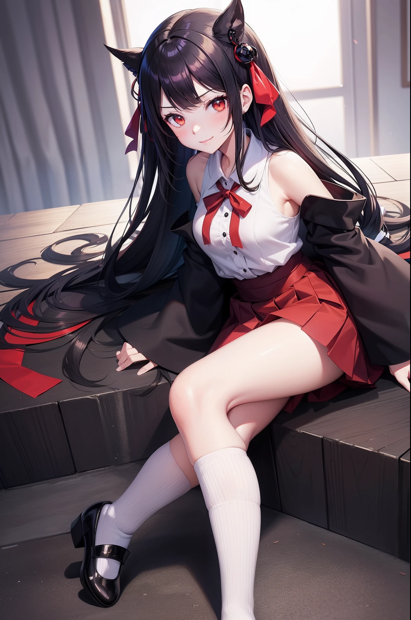Kaguya-sama: Love Is War art style, kaguya shinomiya, female student council, twin hair ribbon on side of black hair, black japanice student uniform, golden ribbon in-front of chest, long stocking, white shoes, cool and cute aura, smirk face, prefect body shape, small breast, red pupil, classroom background, masterpieces, 4k anime wallpaper quality, hyper quality