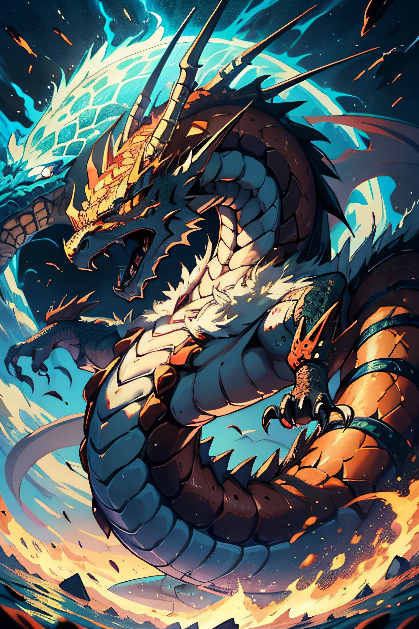 [(white backgrounid:1.5),::7] hexagons, zinogre, Two dragons, the body of the  , Magic Light, (stand up and shoot, full bodyesbian, on top of bed, (safe,Sateen,ventania), sky sky, Detailed moon, Light particles, natta, starrysky, (by kenkert)(author：Pino Deheni), posterior view  ,Pola , lie, ,  bunk, lie, relaxed(NSFW)