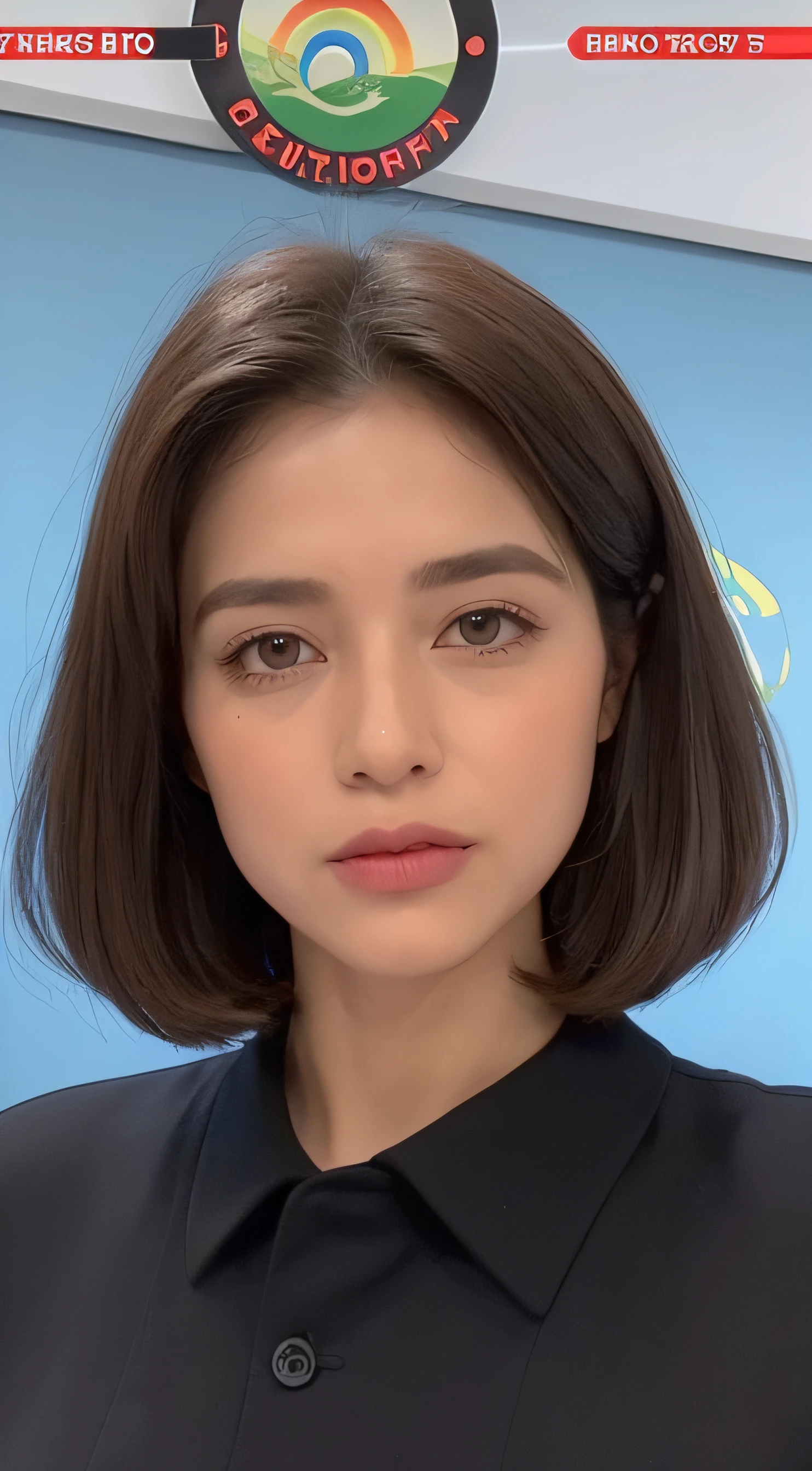 ((Mejor calidad, 8k, Obra maestra: 1.3)), Mujer bonita con abdominales esbeltos: 1.3, (Pelo medio corto, Pechos enormes: 1.2), Camisa blanca: 1.1, Cara ultra detallada, Ojos detallados, without Double eyelid, busto, ojo tapado parche, Television image, noticias internacionales, Climate emergency