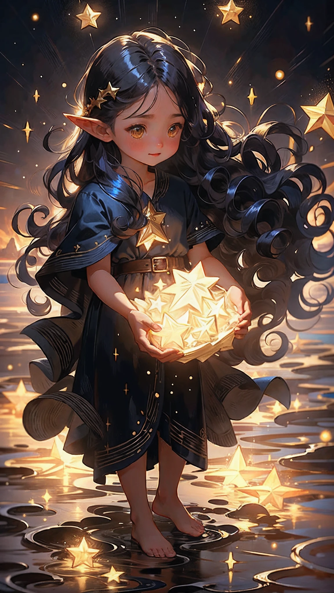 1girl, elf, pointy ears, long hair, dark blue hair, glowing golden eyes, star mage, dark blue and gold mage robe, starlight, star,