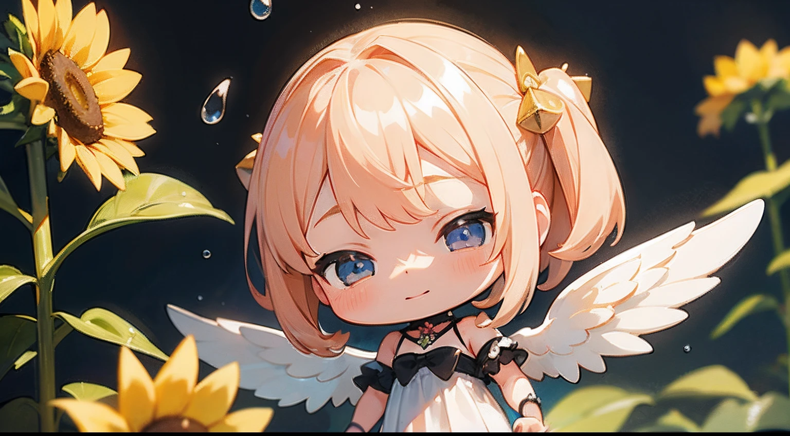 photoRealstic、 "Code Angel"、Doll standing in front of the painting、swim wears、laugh face、Water droplets on the cheeks、Selfie Pose、Sengai、pixiv、rokoko、dollfie dream、watercolor Nendoroid、(High Definition Figure)、flowing sakura-colored silk、nendroid、up of face、There are also flowers in front of the nendroids、Sunflower petals、season!!: 夏☀ 🍂 ヒマワリ