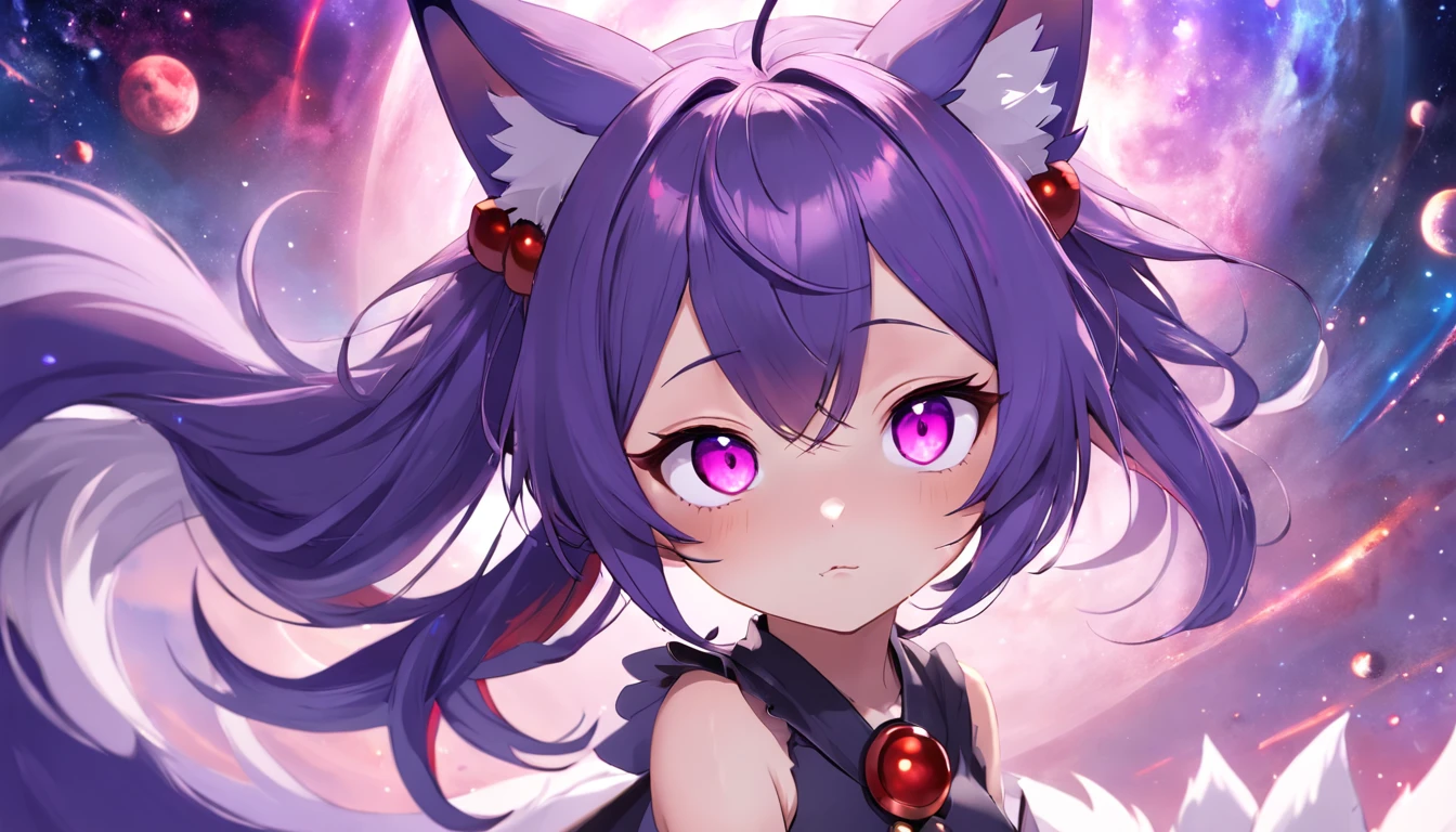"Cosmic foxgirl with an adorable and captivating loli appearance, featuring vibrant purple hair and piercing red eyes."