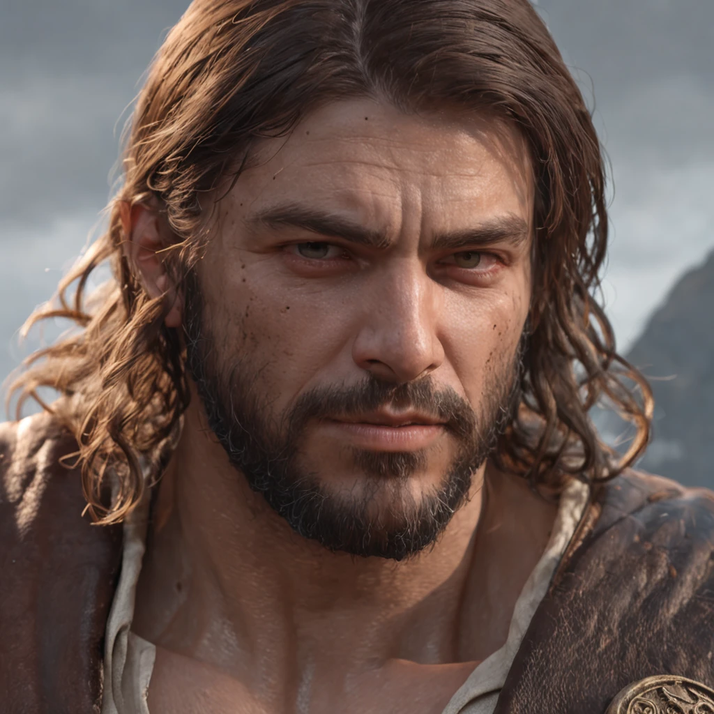 A man with long hair and beard wearing a brown jacket - SeaArt AI