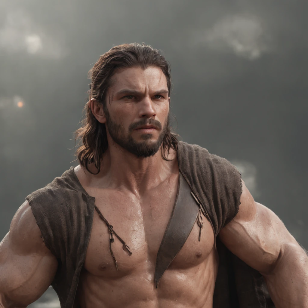 (Professional 3D rendering:1.3) de (Realistic:1.3) Foto de arte mais bonita do mundo,Features soft, bright male heroes, ((Epic hero fantasy rough muscular man wet hero angry look long hair short beard and fierce expression in dynamic pose, fantastic location, majestoso ambiente desordenado)), corpo inteiro 8k unidade render, action shot, poros da pele, very dark lighting, sombreamento pesado, circunstanciado, Rosto detalhado, (vibrante, fotogrdeia realista, Realistic, Dramatic, Escuro, foco nítido, 8k), (Old leather clothes damaged by bad weather:1.4), ((((Use peles)))), (intrincado:1.4), decadente, (altamente detalhado:1.4), pintura digital, rendering by octane, art stations, Conceito-Arte, liso, foco nítido, illustration, germe da arte, (Loish:0.23), Wlop Ilya Kuvshinov, e Greg Rutkowski e Alphonse Mucha Gracias, (global ilumination, studiolight, Light Volumetric), chuva forte, floating particles, patife, fantasia, Onze, corpo inteiroesbian, ((Fundo escuro e antigo da cidade:1.3)),CGSesociedade,art stations
