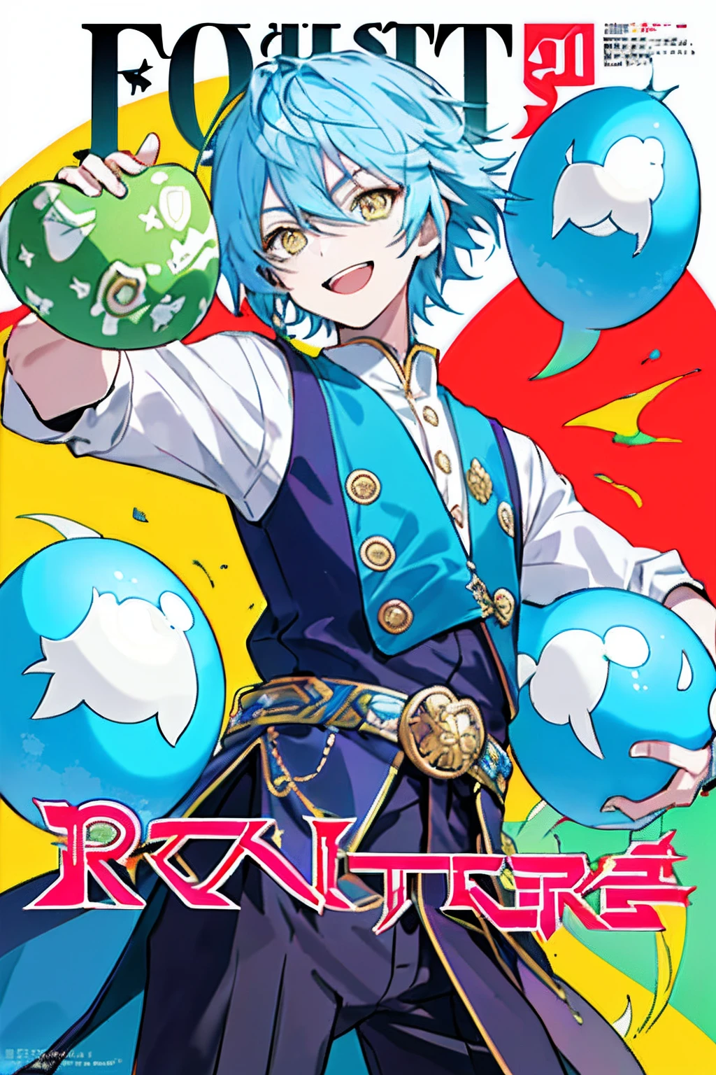 ((((fantasy))), (((Positive))), (((Intense))) The movie poster features a teenager as the central character。He stands confident in the center of the poster，Wear a fashionable and avant-garde student uniform，pupils，(shoun)，blue hairs，Yellow eyes，With a happy look on his face。Monsters, ((Monster eggs)), Eggs, fantasy world, (roleplaying)。(Background is a fantasy world role-playing game)，There is a lighthearted and fun feeling。The text is bold and eye-catching，With catchy slogans，Adds to the overall drama and excitement。The color palette is dominated by bright colors，Dotted with bright colors，Make the poster dynamic and visually striking，tachi-e (Magazines:1.3), (Cover-style:1.3), Fashionab, Young boy, 1boy, vibrant, Outfit, posing on a, Front,rich colourful，Colorful，fanciful，intriguing，dyna，Background with，element in，self-assured，Expressing the，halter，statement，Attachment，A majestic，coil，Runt，Touching pubic area，Scenes，text，Cover of a，boldness，attention-grabbing，titles，Fashionab，typeface，Catchy，titles，more big，Smart、moderno、Trendy、focus-on、Fashionab、