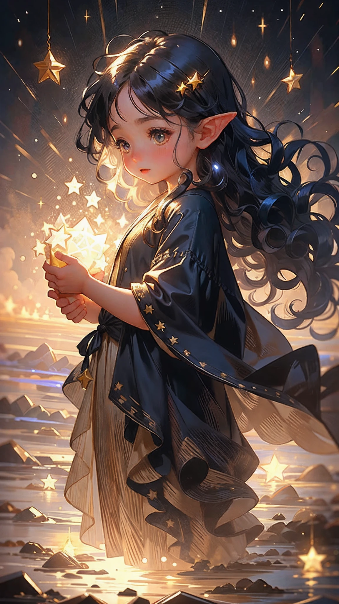 1girl, elf, pointy ears, long hair, dark blue hair, glowing golden eyes, star mage, dark blue and gold mage robe, starlight, star,