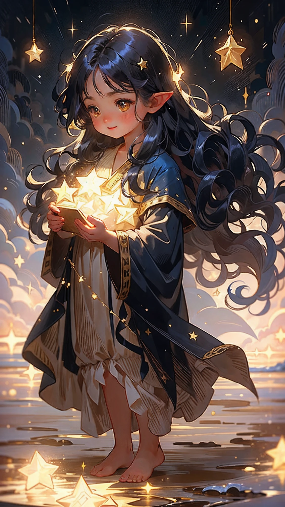 1girl, elf, pointy ears, long hair, dark blue hair, glowing golden eyes, star mage, dark blue and gold mage robe, starlight, star,