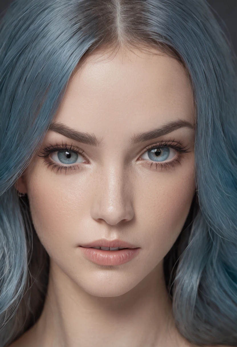 portrait, beautiful face, blue hair, beautiful eyes, open eyes, hyper realistic, realistic texture, natural lighting
