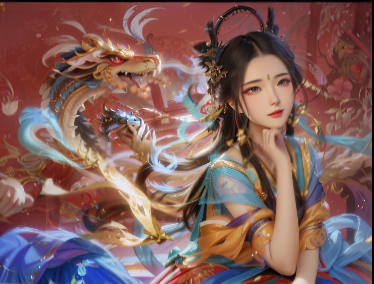 A woman in a blue dress，A dragon is worn on his head, Beautiful character painting, Chinese fantasy, inspired by Du Qiong, trending on cgstation, Inspired by Lan Ying, xianxia fantasy, Palace ， A girl in Hanfu, inspired by Park Hua, Inspired by Qiu Ying, Guviz-style artwork, by Yang J