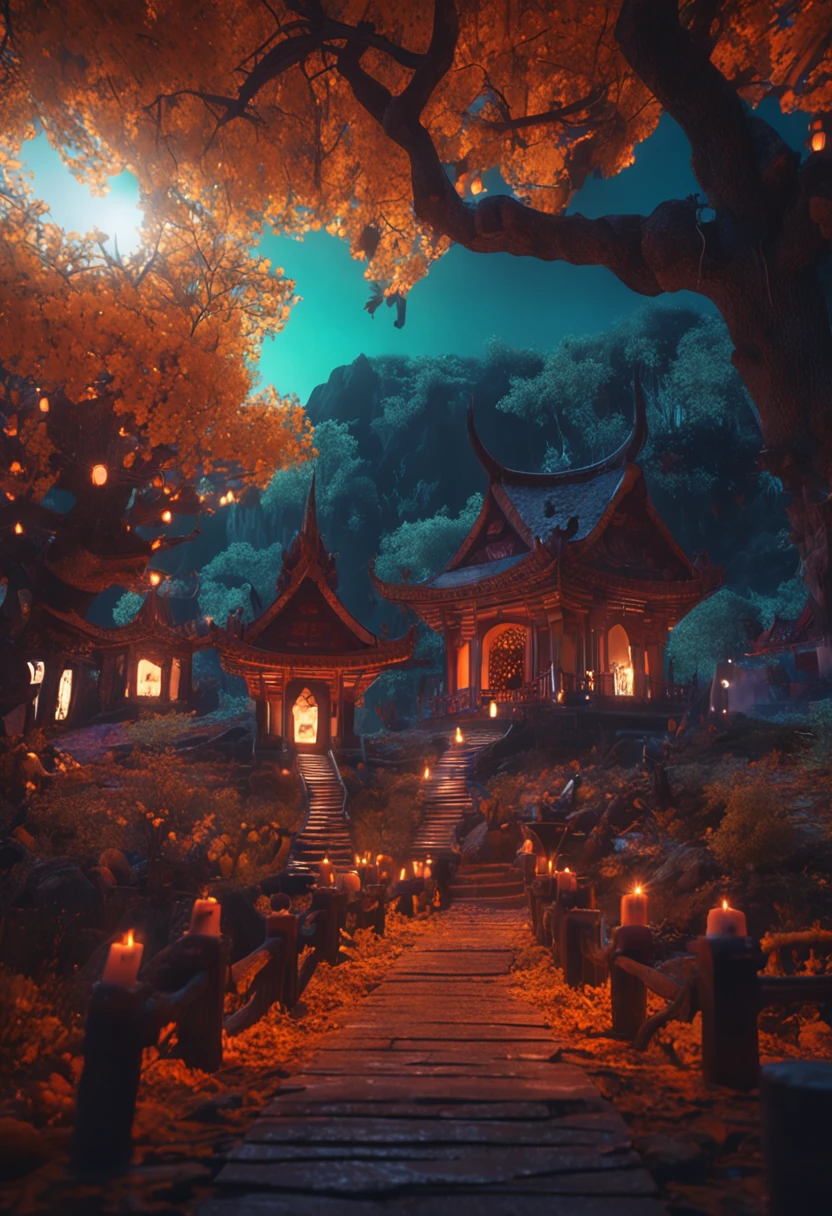 Spooky village at night,There is a big squat Buddha in the forest