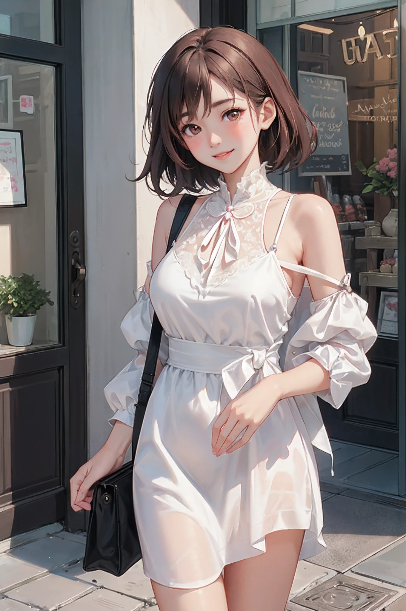 Outdoor Main Street, 1 Lady Solo, /(Brown medium hair/), edgeAsian wearedgeAsian, blush gentle smile, (masterpiece best quality:1.3) Delicate illustration ultra-high definition high resolution, Large breasts