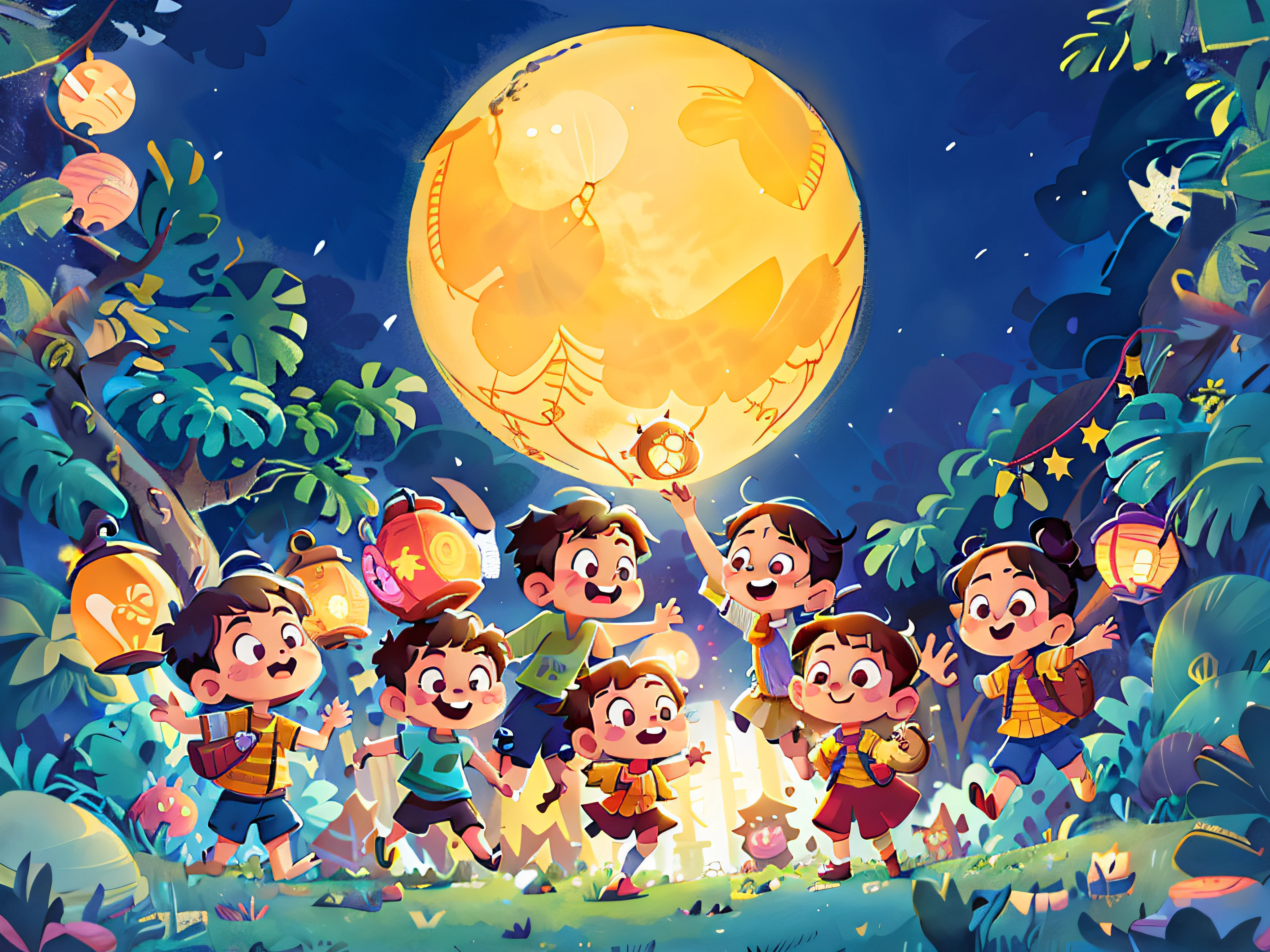 Mid-Autumn Festival, Auspicious clouds, Behind the huge moon, Warm colors, Full moon and stars in sky illustrationThe family sits together eating mooncakes, smile in face,  Have in the living room、Bright house scene，extremely detailed face and skin，Heartwarming scene，perfect detail