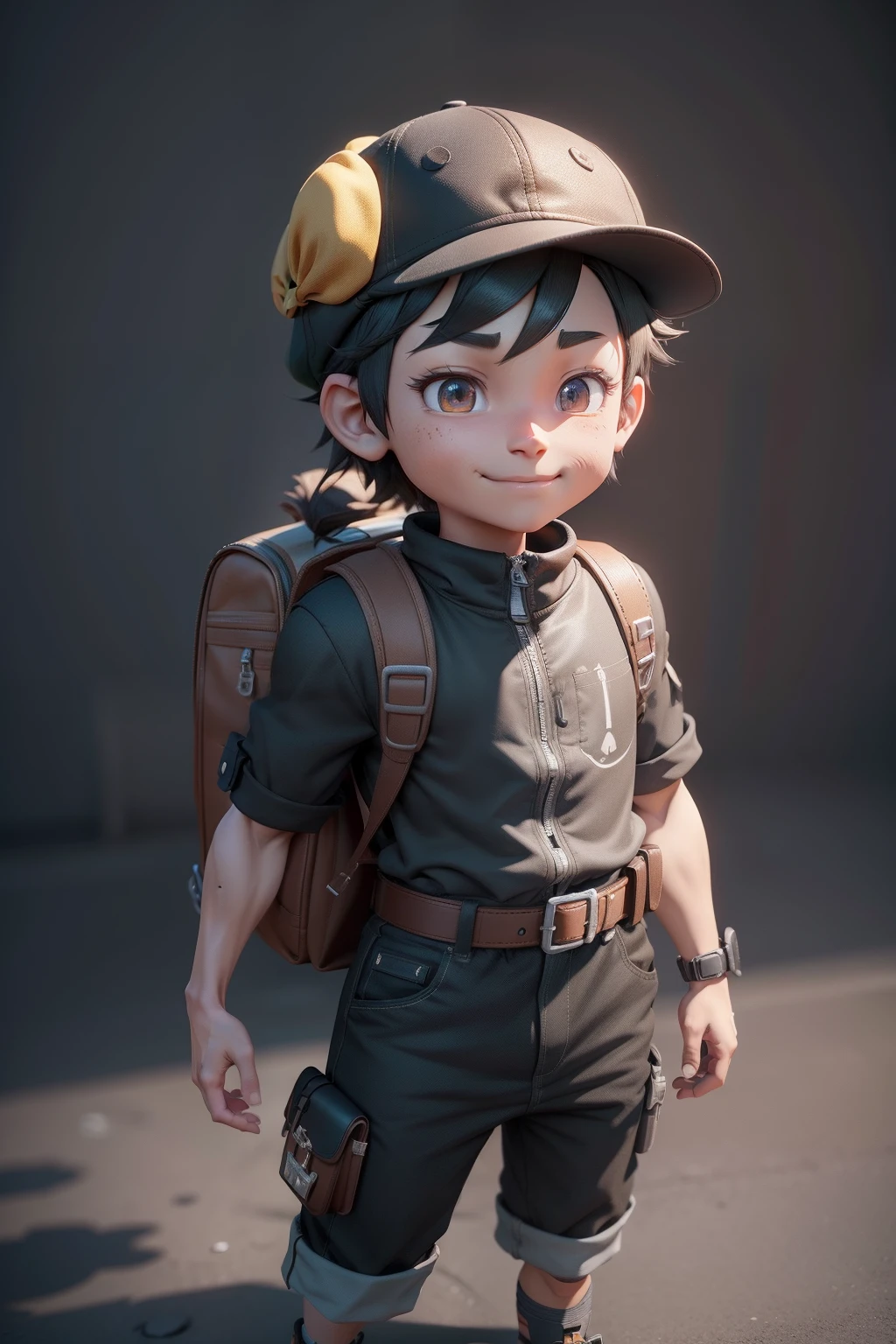 A cartoon boy with a backpack and a hat on his back, character render, arnold maya render, Stylized 3D rendering, highly detailed character, cinematic full character, maxwell render, Stylized anime, Personagem pequeno. Unreal Engine 5, simple stylized, stylized as a 3d render,ssmile,Cheerful personality