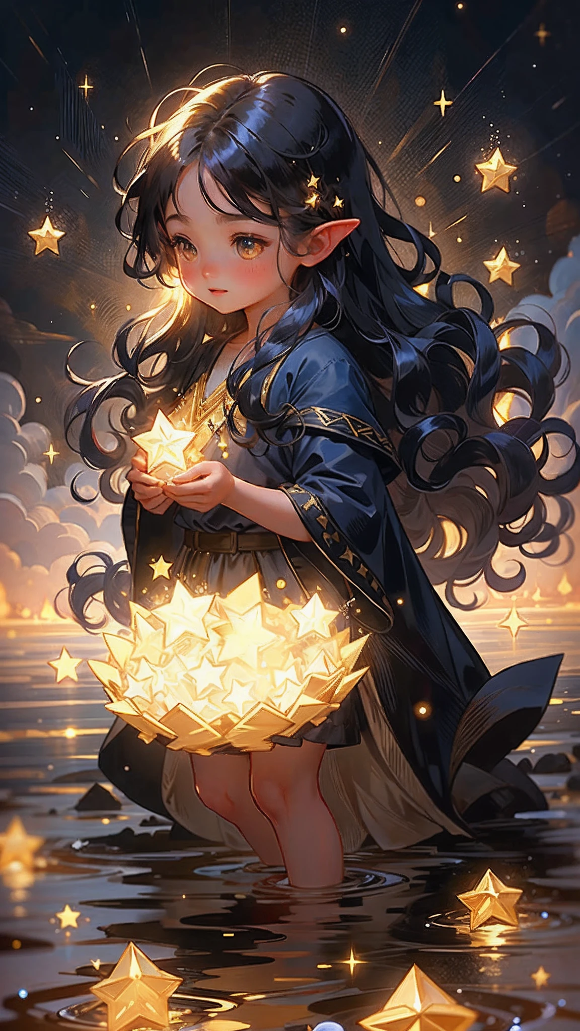 1girl, elf, pointy ears, long hair, dark blue hair, glowing golden eyes, star mage, dark blue and gold mage robe, starlight, star,