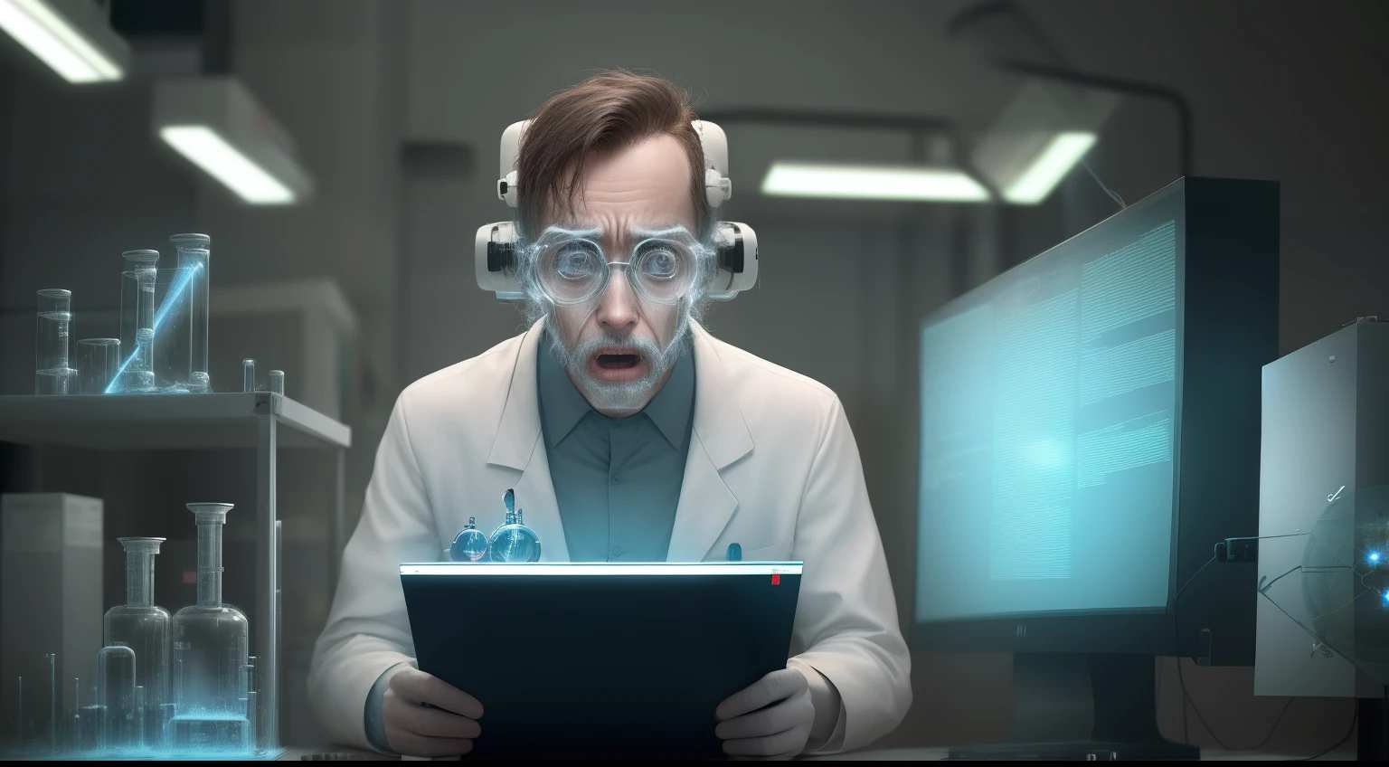 1Shocked scientist man reading the message on the screen, while AI proves to have control of its research archives