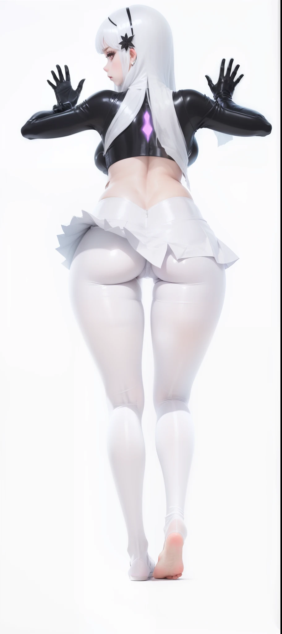 transparent pubic hair,pleatedskirt,Short skirt with low rise,does not wear panties,Translucent,Tight latex clothing,Reflective,Tight blouse without folds,Perfect body line,pleatedskirt,Low-rise short skirt half dragged,open waist,Pouting ass,stooped,Cocked buttocks,full buttocks,Back view,Five fingers,hand,Open palms,Transparent black gloves,Tiptoe,Barefoot,Small calves,clear silhouette,sharper details