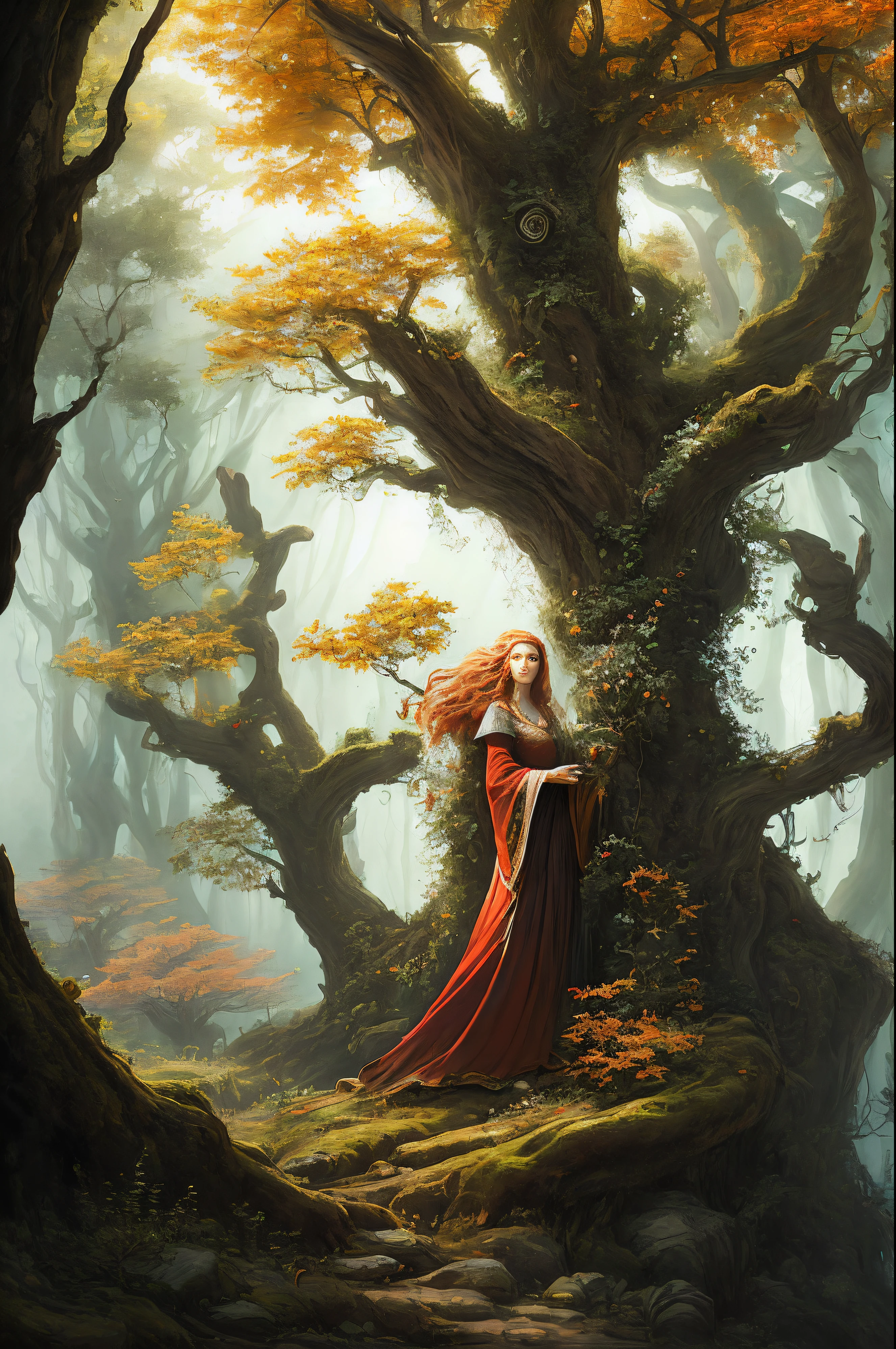 "Hyperdetailed, digital painting of the Goddess of Nature, radiant woman with flowing amber hair and antlers wreathed in ivy, dressed in robes made of living plants, standing powerfully with arms raised as massive oak tree sprouts up behind her, animals gathering around her feet, detailed background showing vast magical forest, by Sam Yang and Craig Mullins, backlit, dynamic angle, 8k"
