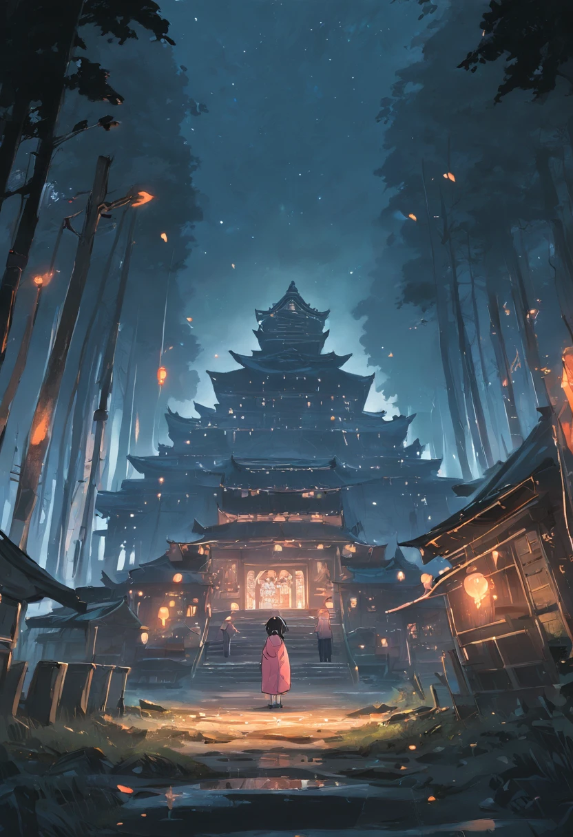 Spooky village at night,There is a big squat Buddha in the forest