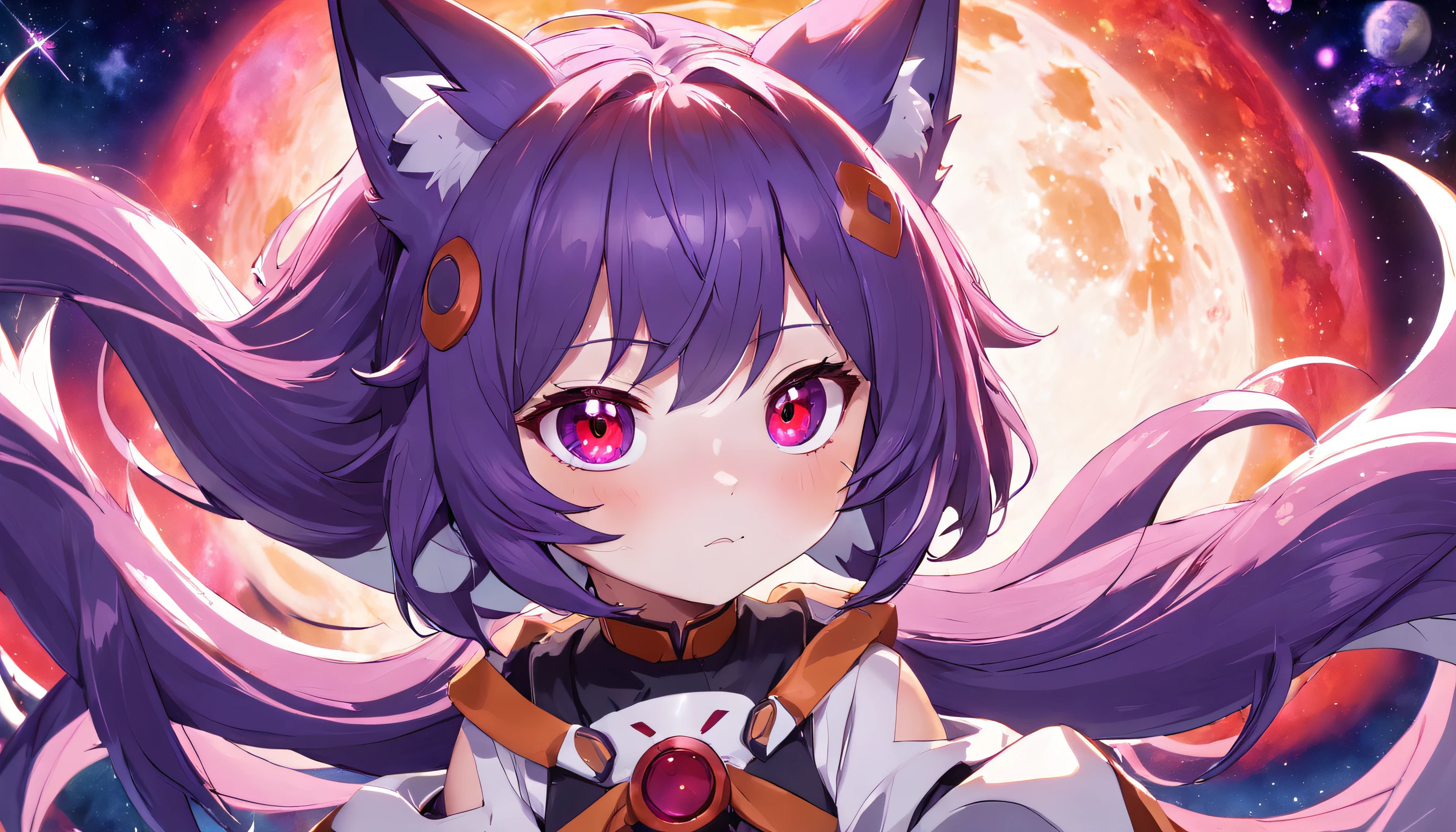 "Cosmic foxgirl with an adorable and captivating appearance, featuring vibrant purple hair and piercing red eyes."