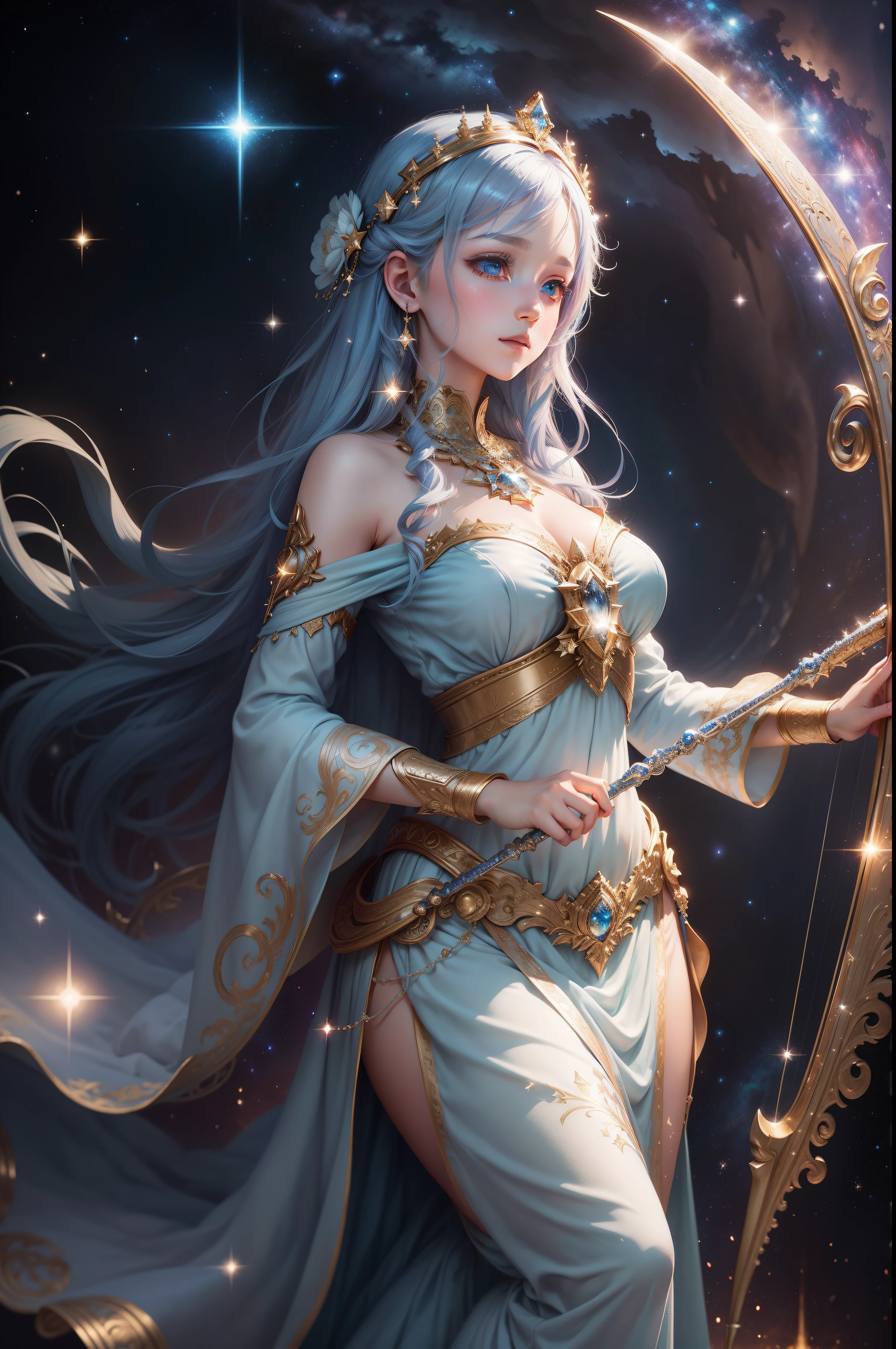 Image type：illustration、Fantasy painting
topic：God girl、harp(Highest definition)(Perfect facial features，Perfect flesh)
Details keywords：galactic、Light blue long dress、As estrelas、kosmos、ray of lights(ultra intricately detailed)
enviroment：mistic、peacful、huge
Lighting effects：Soft starlight sprinkles on the goddess and harp
compose：The goddess is in the center of the picture，The Milky Way and stars form the background，Long skirt floating，The harp is placed next to the goddess
Art style：fanciful、dream magical、Delicate drawing technique、pastelcolor