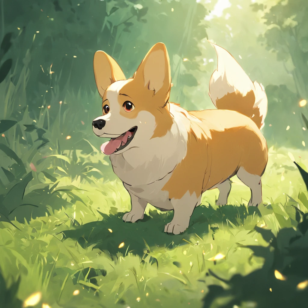 Corgi Chinese illustration movie lighting effects，A corgi dog sitting on the grass，His eyes were fixed on the screen，Optimize eye detail，A corgi dog sitting on the grass，His eyes were fixed on the screen，Optimize eye detail，best qualtiy，high detal，best qualtiy，8K, 3Drenderingof，VR5.0 Renderer rendering，unreal engine 5 render