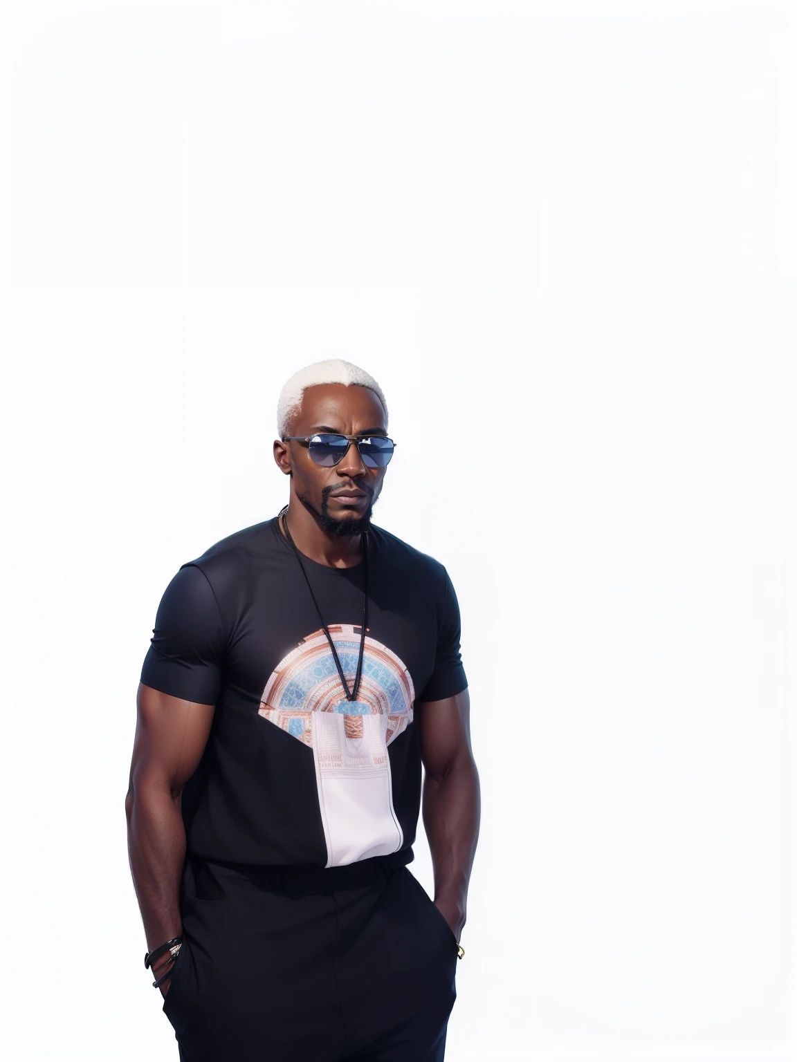 African man, wearing sunglasses, standing, hands in pockets. Futuristic style clothing