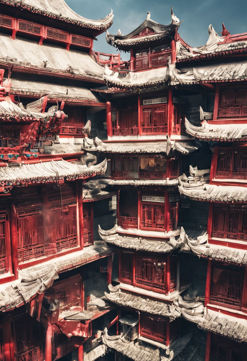 Cities in the air,Chinese style architecture,White tones,Holy Spirit,Faraway view,Multiple characters
