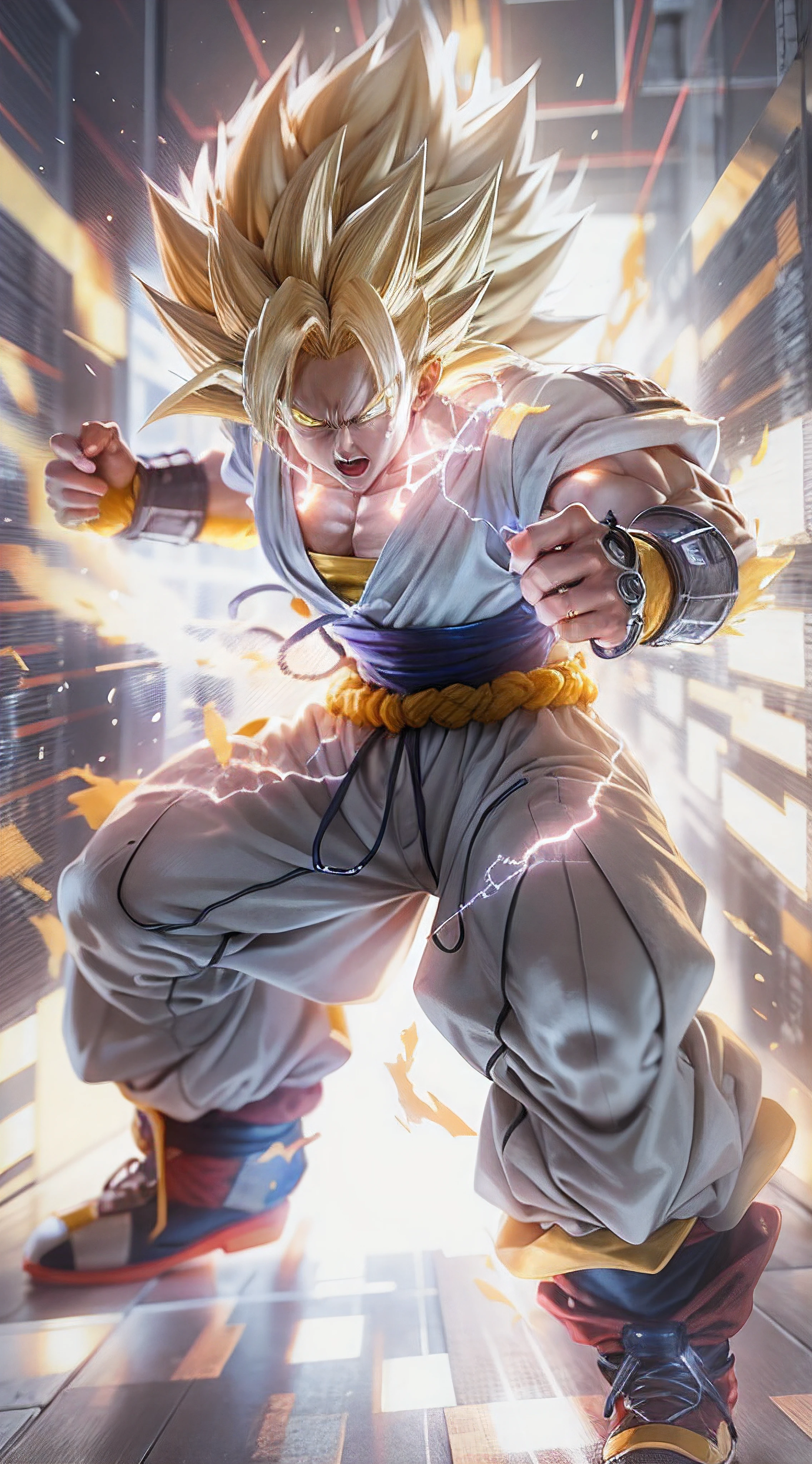 1 transparent Super Saiyan, bust photo，cleanness，glowing bright white, fluorescent lamp，Bright white light，Super bright light，Harsh bright white light，Surrounded by bright lights，white backgrounid，ultra-realistic realism，Go beyond hard drives，high detal，best qualtiy，32K