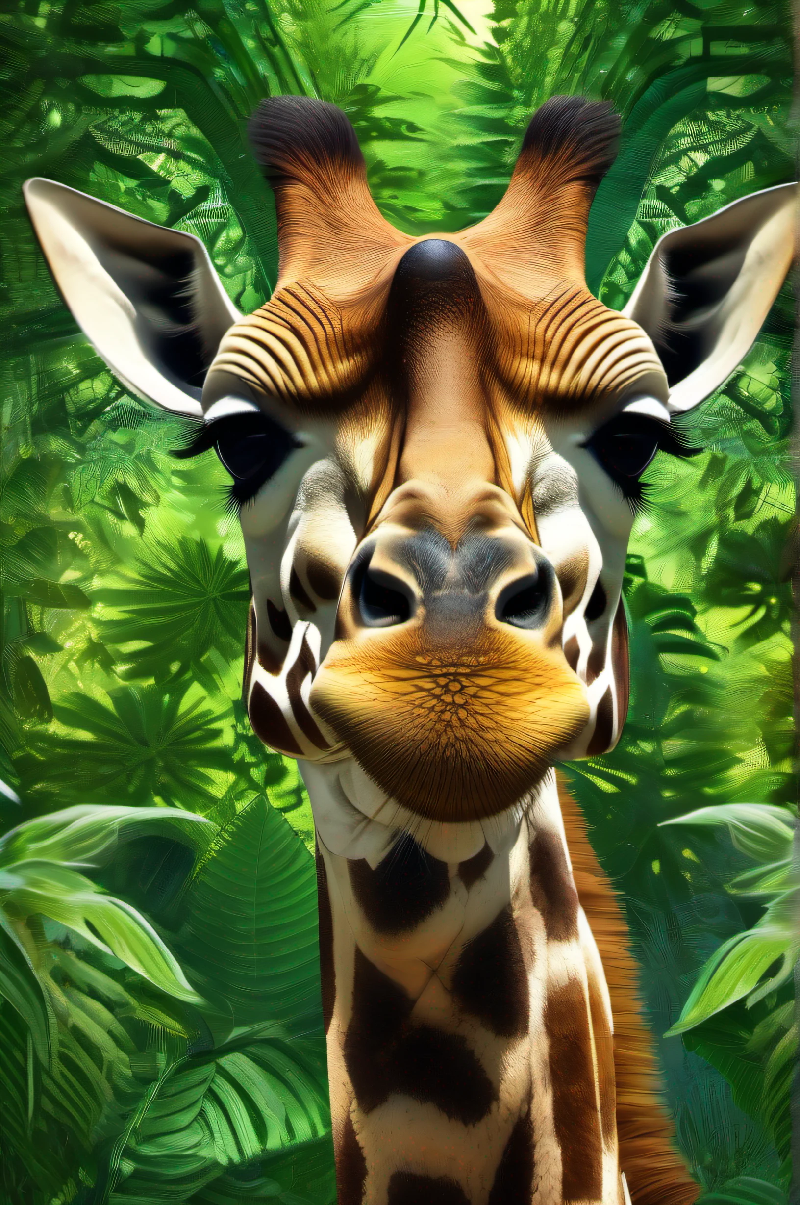 High nation-geographic symmetrical close-up portrait shoot in green jungle of an expressive Giraffe, anamorphic lens, ultra-realistic, hyper-detailed, green-core, jungle-core –ar 16:9 –q 2 –v 5 rtx on --ar 73:128 --s 750 --v 5. 2