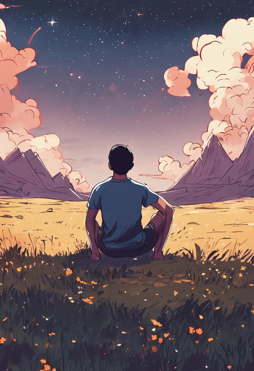 Boy under the stars Sitting on the lawn with his back turned Faceless Look at the universe The sky is full of stars Short hair Blue casual clothes The character accounts for less than a quarter