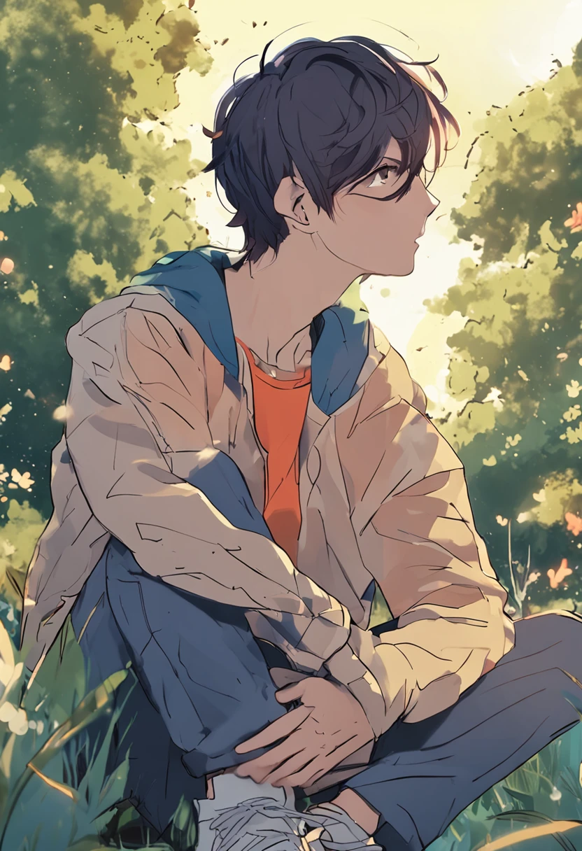 Boy under the stars Sitting on the lawn with his back turned Faceless Look at the universe The sky is full of stars Short hair Blue casual clothes The character accounts for less than a quarter