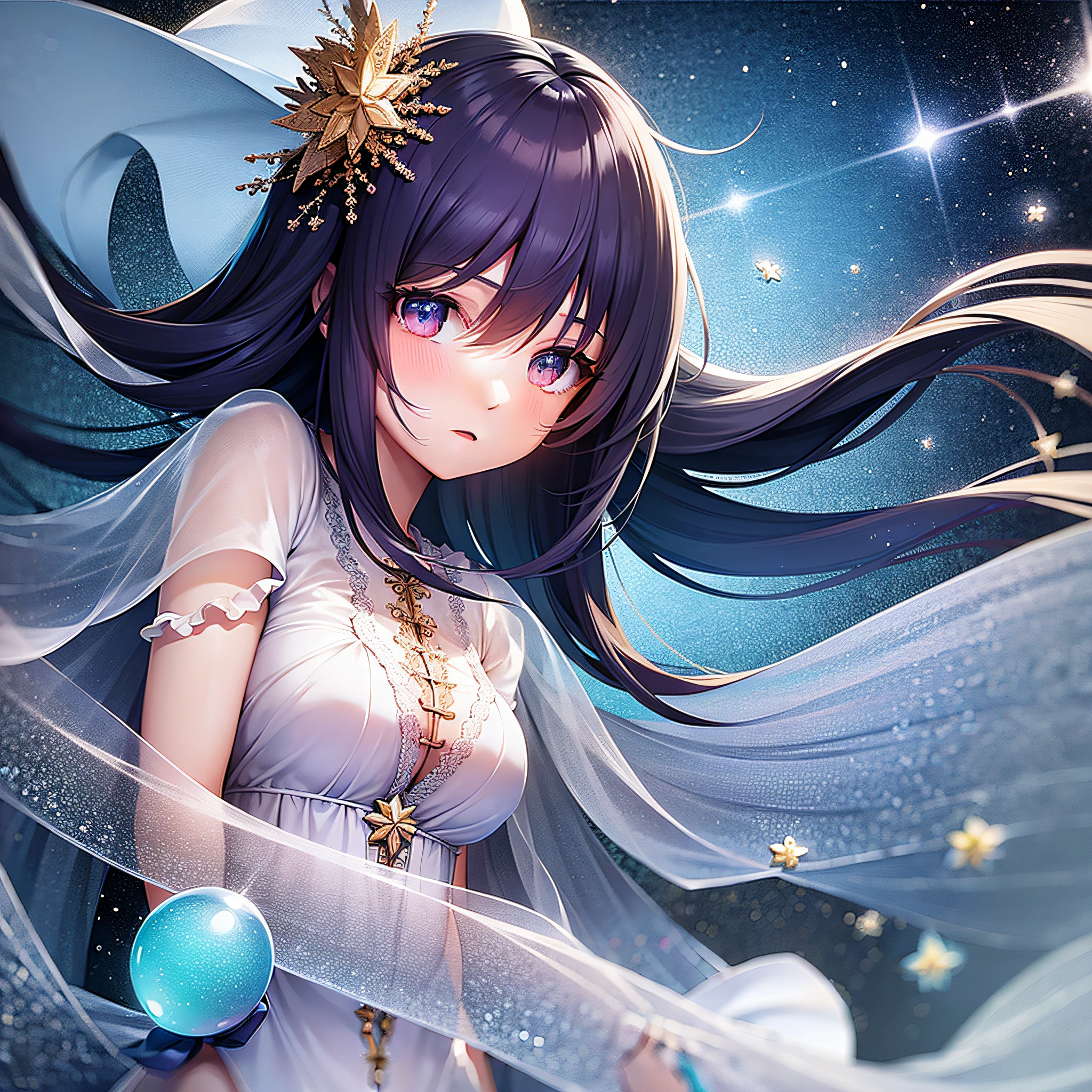 {{best quality}}, {{masterpiece}}, {{ultra-detailed}}, {illustration}, {detailed light}, {an extremely delicate and beautiful}, a girl, cute face, upper body, two legs, long dress, {beautiful detailed eyes}, stars in the eyes, messy floating hair, colored inner hair, Starry sky adorns hair, {lots_of_big_colorful_Bubble}, [pearl], [Galaxy], depth of field