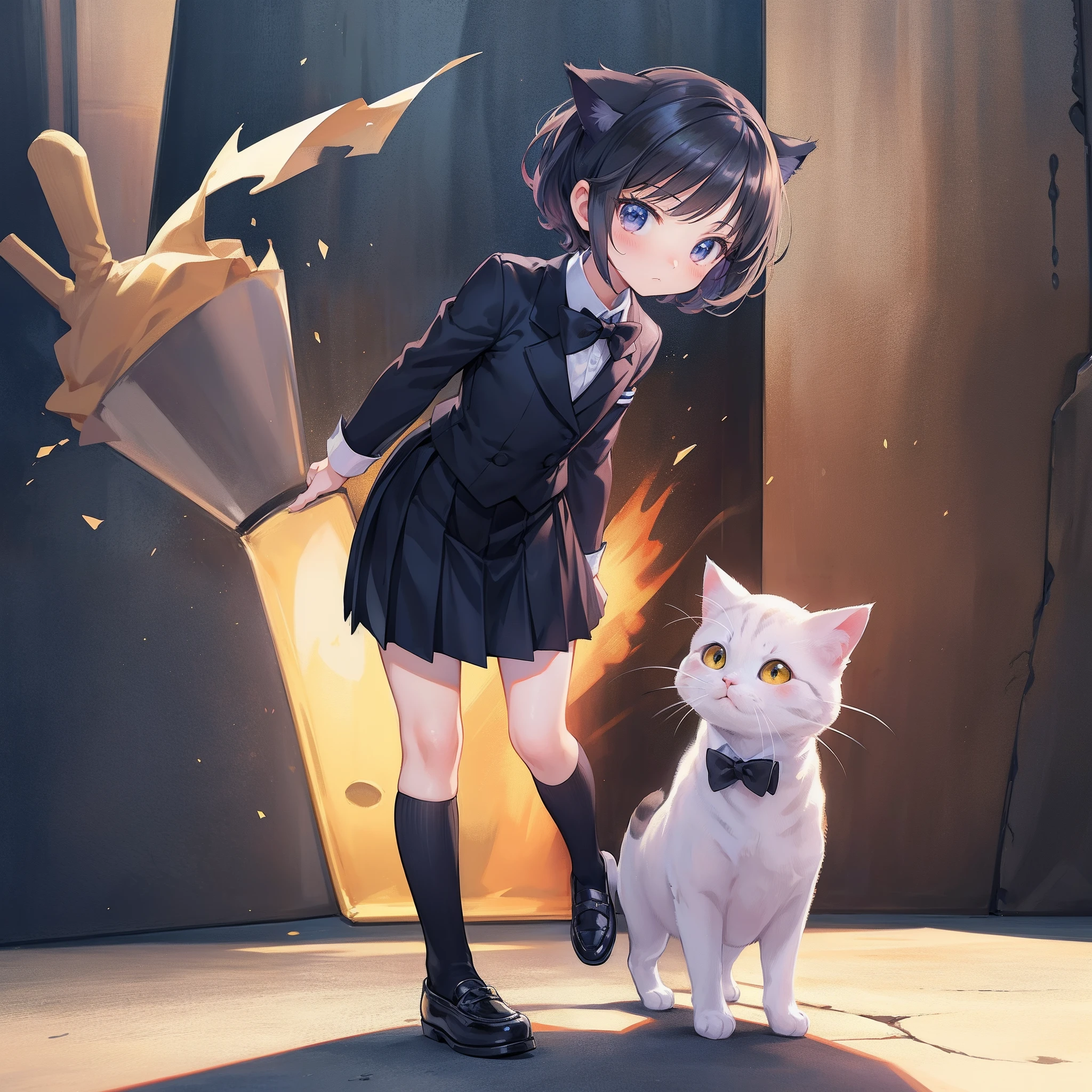 Tiny Cat standing, wearing a butler's uniform, kawaii, chibi, tiny body, big head, Comical, ultra detailed illustration, (Best quality), (masterpiece:1.3), (photorealistic:1.36), (realistic), ultra-detailed,