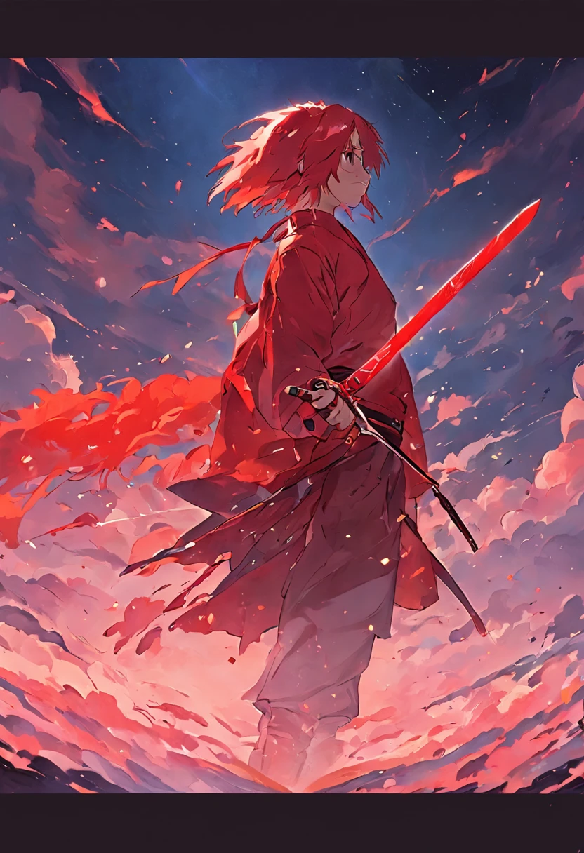 Red Swordsman，majestic-looking，Red clouds with brushes。