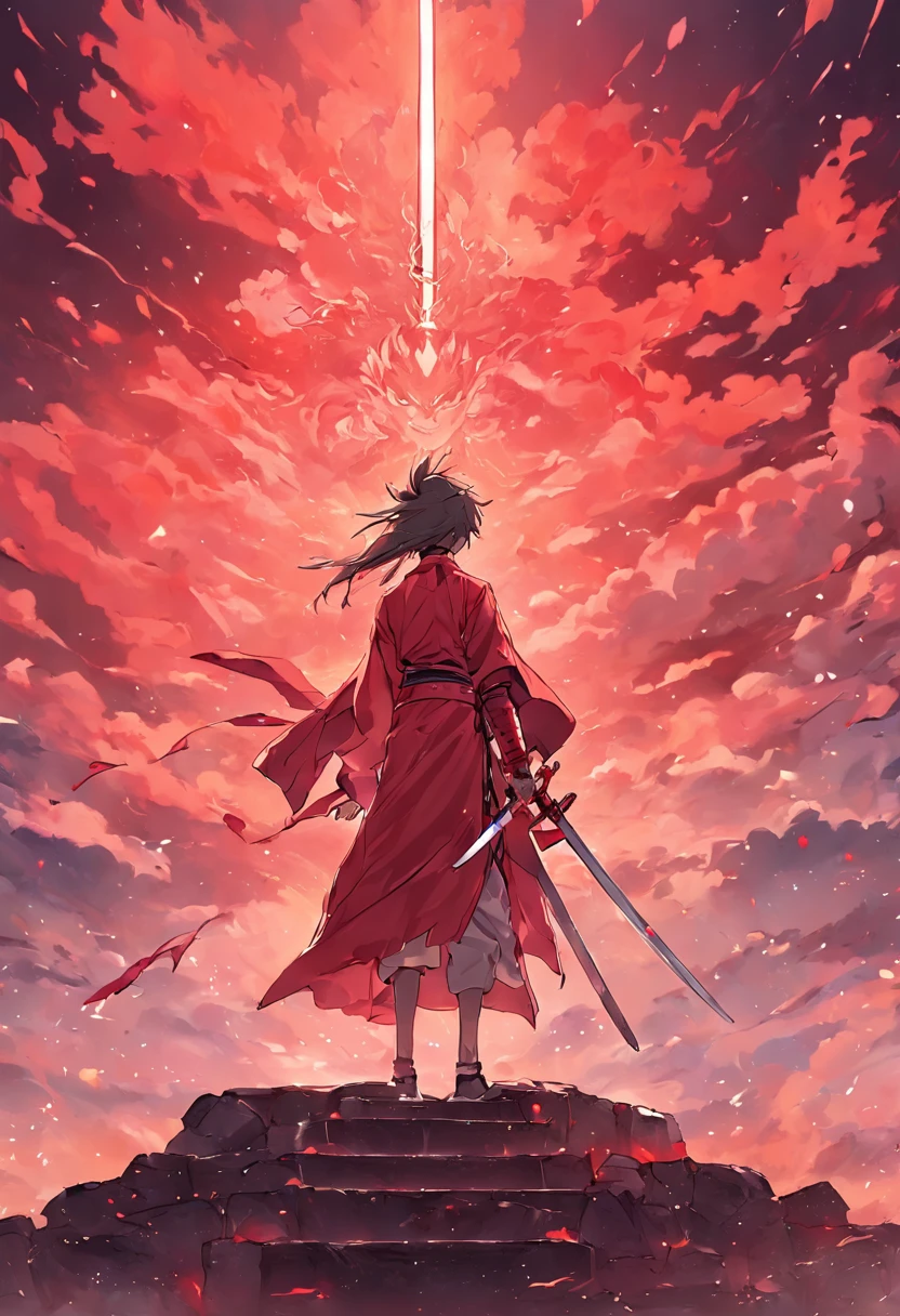 Red Swordsman,majestic-looking,Red clouds with brushes。