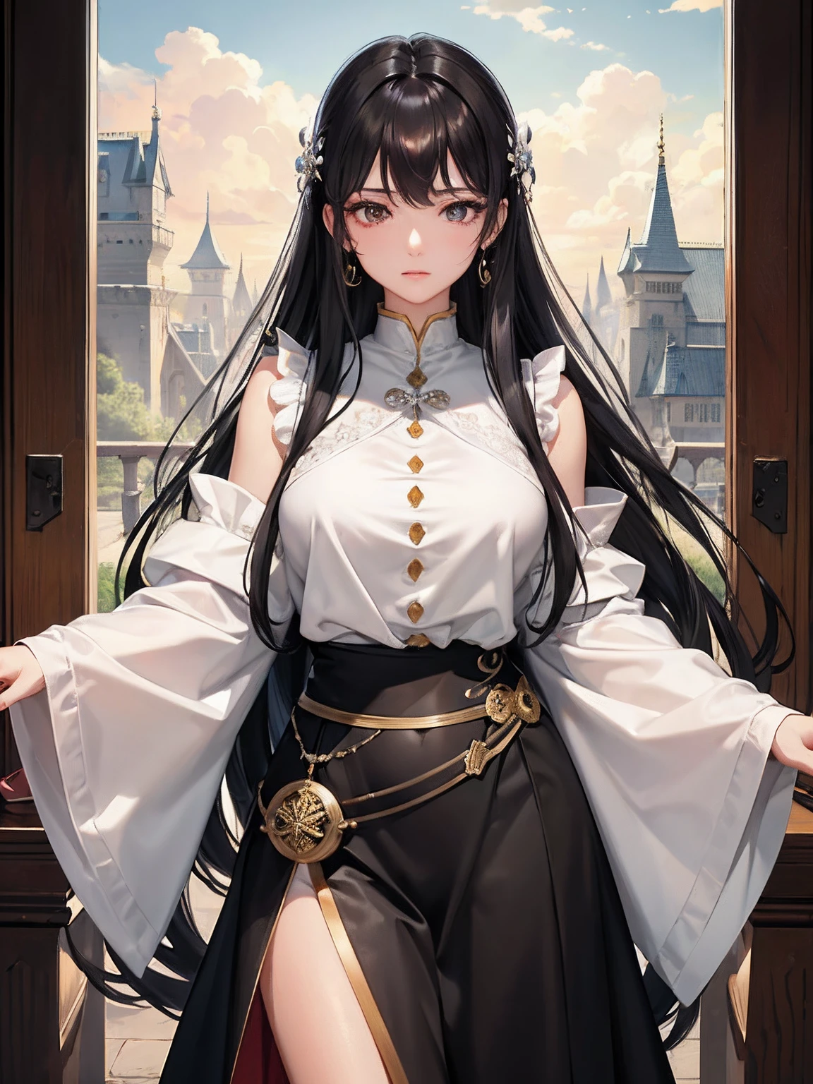​masterpiece、top-quality、hight resolution、High-quality images、8K、1womanl、detaileds、Detailed eye depiction、the detail、skin gloss、Lustrous black hair、Long hair、Lisa、portlate、A meditative、old castle、teacher、arousal