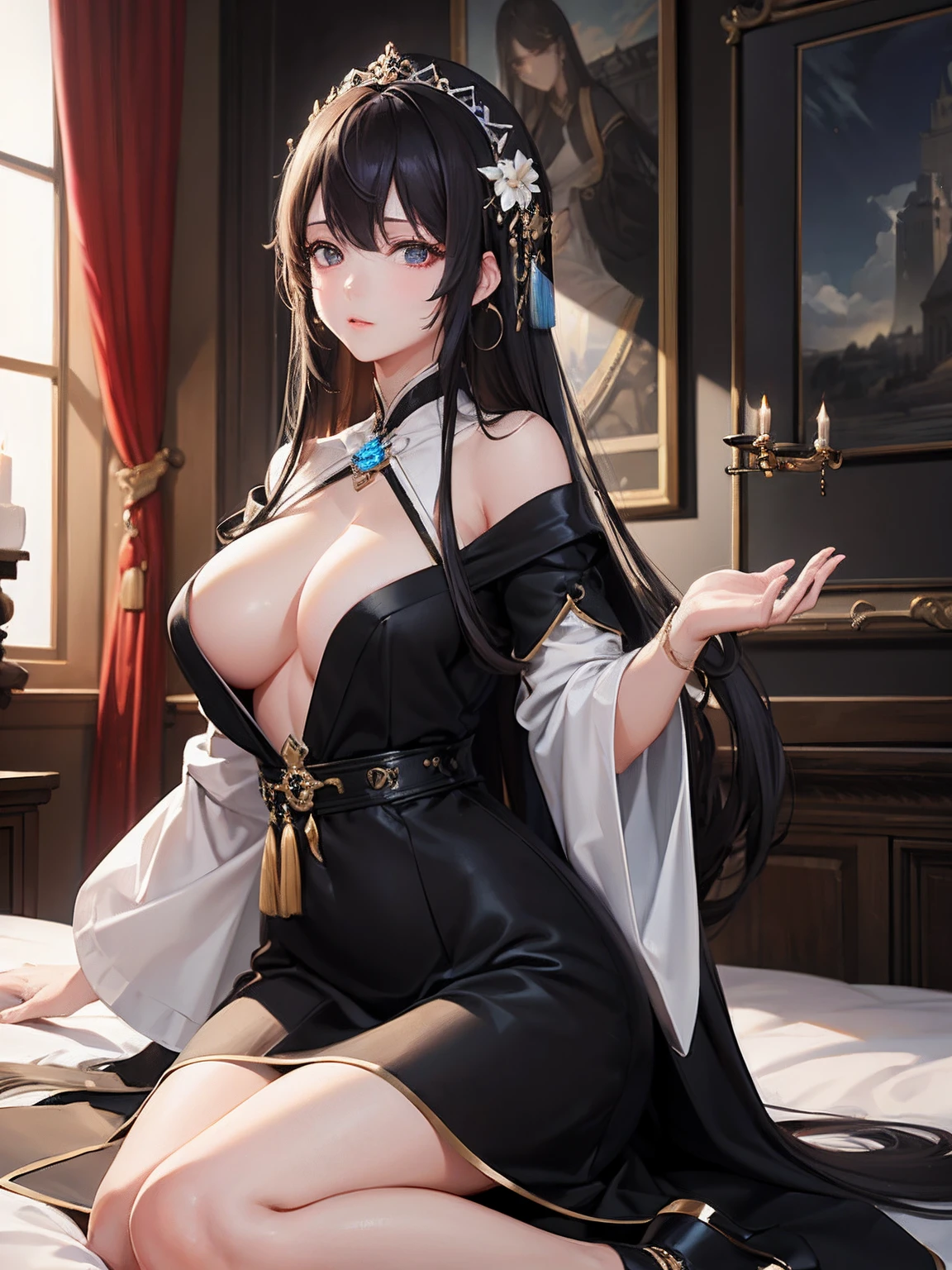 ​masterpiece、top-quality、hight resolution、High-quality images、8K、1womanl、detaileds、Detailed eye depiction、the detail、skin gloss、Lustrous black hair、Long hair、Lisa、portlate、A meditative、old castle、teacher、arousal