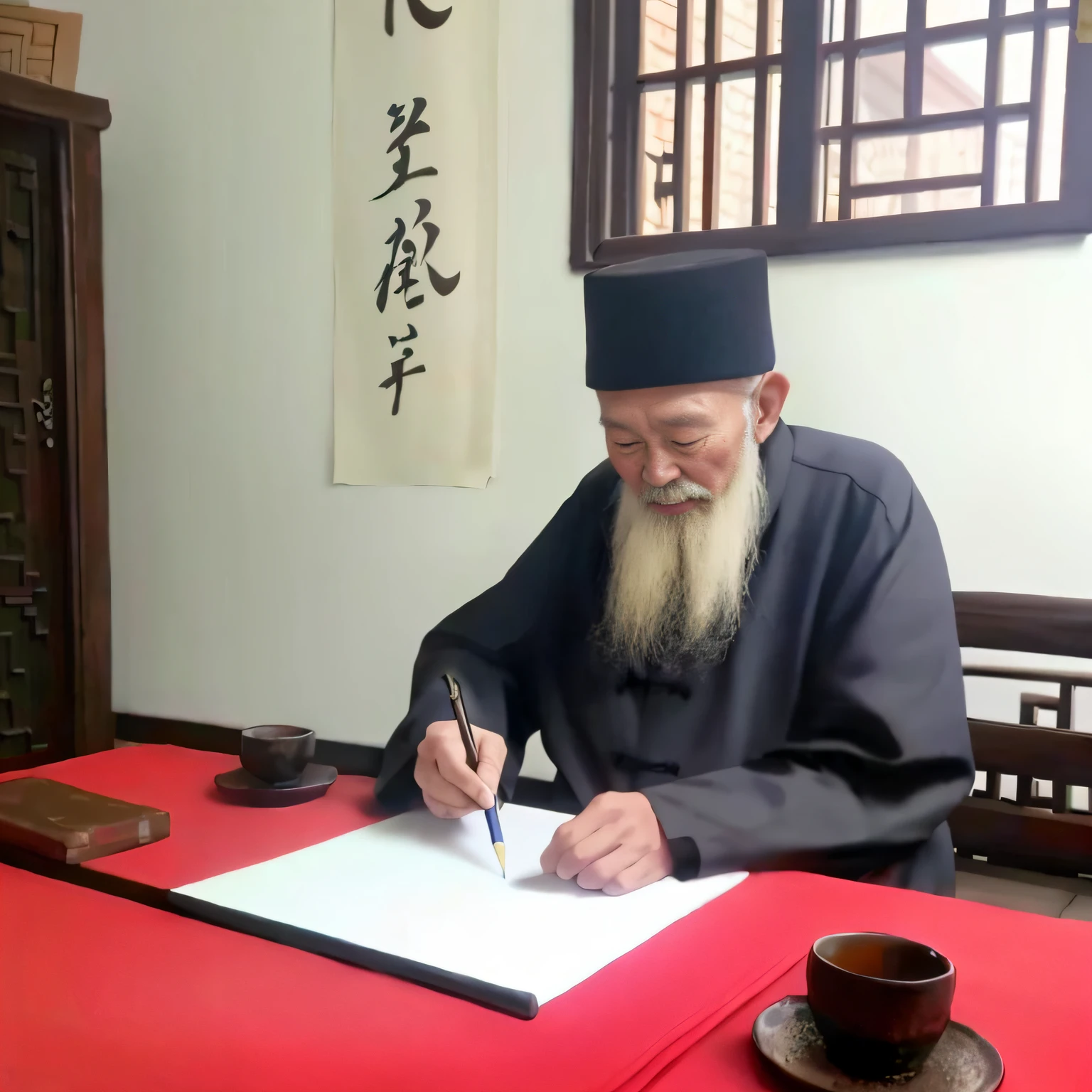 Alphad in black hats write on a piece of paper, he is about 8 0 years old, Taoist, There is a white beard,Write with a brush,On the table were several ancient books,inspired by Emperor Huizong of Song, inspired by Wu Daozi, inspired by Li Shixing, inspired by Xuande Emperor, chinese artist, inspired by Zhang Shunzi,