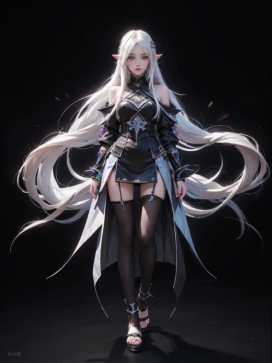 best qualityer，tmasterpiece，Ultimate resolution，downy，Extremely colorful，Colorful，Night，dark night background，Long flowing white hair，(Dark Elves)，a matural female，Black pedal socks，（heeled sandals），Extremely normal posture，Normal posture，fully body photo