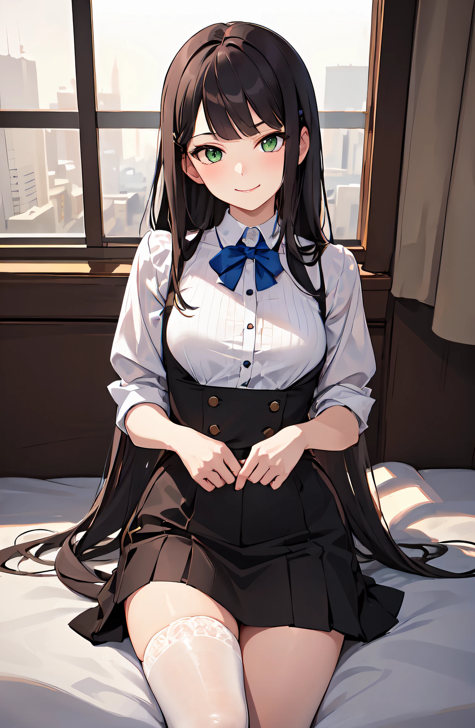 masterpiece, best quality, ultra-detailed, illustration, 1girl, ((looking at viewer)), (cowboy shot), smile, green eyes,long hair,blunt bangs,on bed,
collared shirt,shirt,skirt,small breast,long hair,long White stockings, empowered, beautiful, detailed,