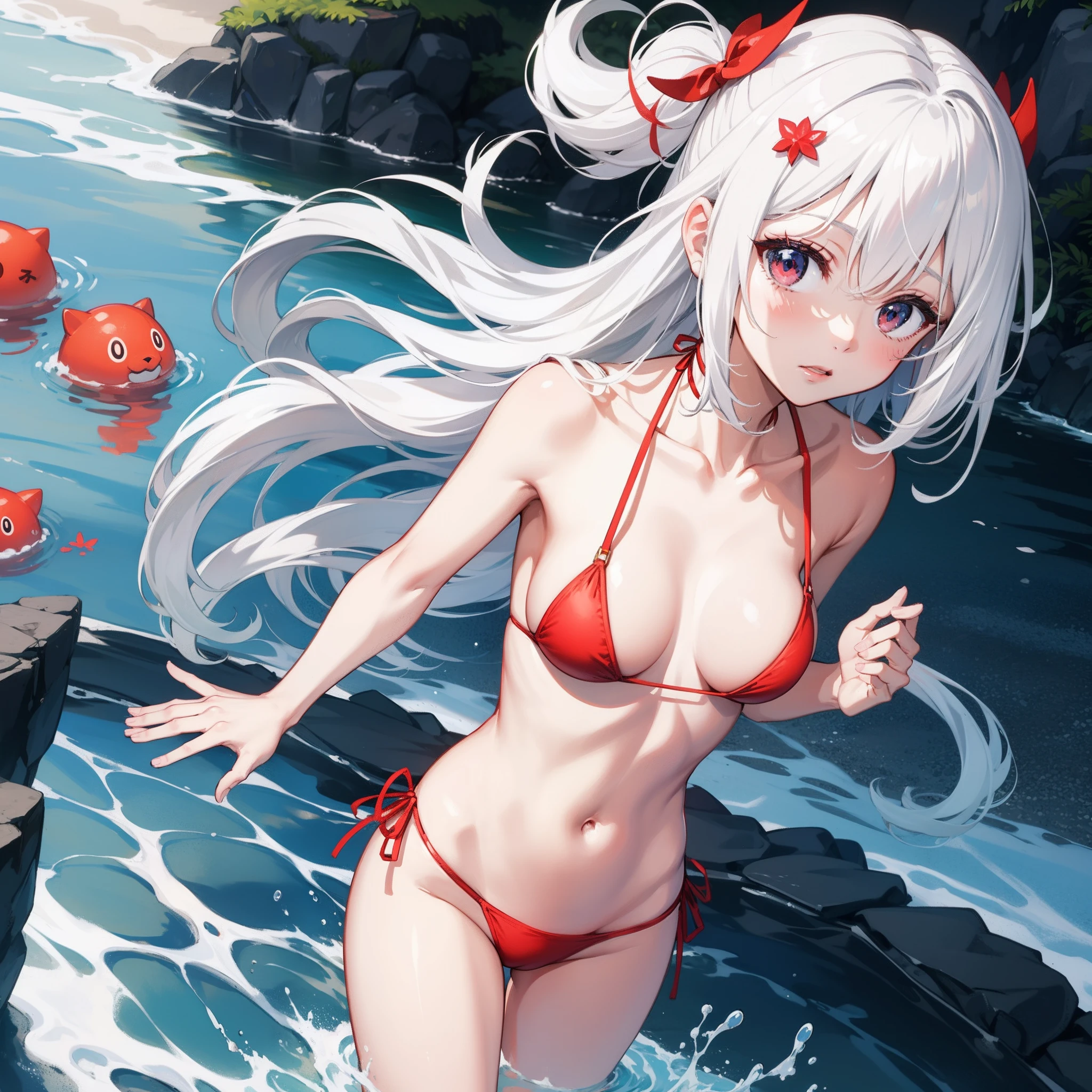16k wallpaper、1人、The bikini、white hair、Red Bikini、stylish、Have a float、kawaii