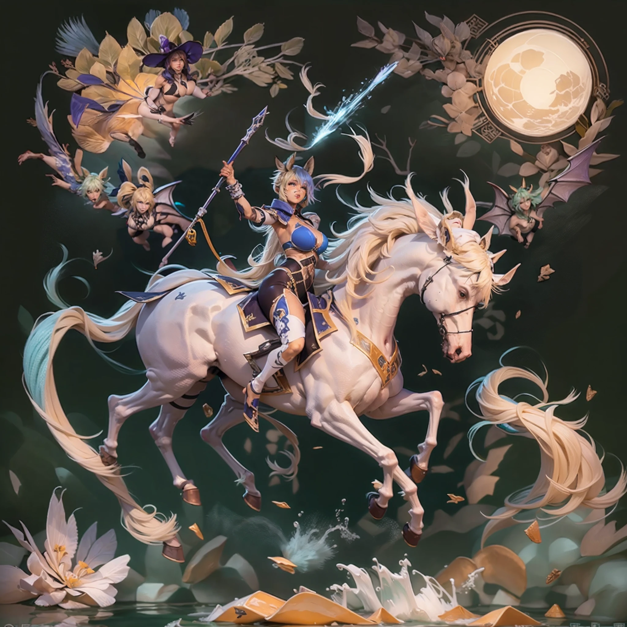 In the beautiful illustration of this super-grand scene，The ultra-long-range lens is shown（Over eight unique centaur characters：9.9），They all have their own characteristics，Vivid and interesting。Radiant angelic centaurs from the heavenly realm，To the hellish centaurs surrounded by nightmarish flames，And then to the Wind Fairy Centaur dancing in the air，There are also one-horned centaurs surrounded by thunder and lightning，and mechanical centaurs that shine with metallic light，And then to the powerful dragon centaur with colored dragon scales covering the whole body，The elegant and agile elf centaur always wears a flower crown with its slender graceful lines，Enchanting and charming Tiflin centaurs。Each character has their own unique charms and abilities。The illustration uses advanced artistic techniques and tools，（Divide the scene into sections by geometric arrangement：9.9），Each section corresponds to a centaur character，This makes more efficient use of space。Through Midjourney's advanced brush tools、Color palette、Material packs and model packs，For each centaur, beautiful props are designed to increase racial characteristics、Clothing and physical features，Enhances the character's personality and visual appeal。The scenery in the illustrations is stunning，There are changing skies、rainbowing、extreme light、Stars and Moon。Incorporating iconic landmarks such as Mount Everest，and fireworks、tranquil lake、Natural and urban elements of waves and neon lights，Creates a magical atmosphere。The centaurs display their unique abilities and equipment in a variety of environments，This is true even in extreme alien landscapes。（Use Midjourney's tools、Material packs、Texture tools、The color palette makes depicting details vivid and realistic：9.9），From complex hairstyles and as well as different racial traits、Body、Appearance features、Clothing to real textures，This greatly enhances the realism of the characters and surroundings。The fusion of multiple art styles adds movement to the centaur's