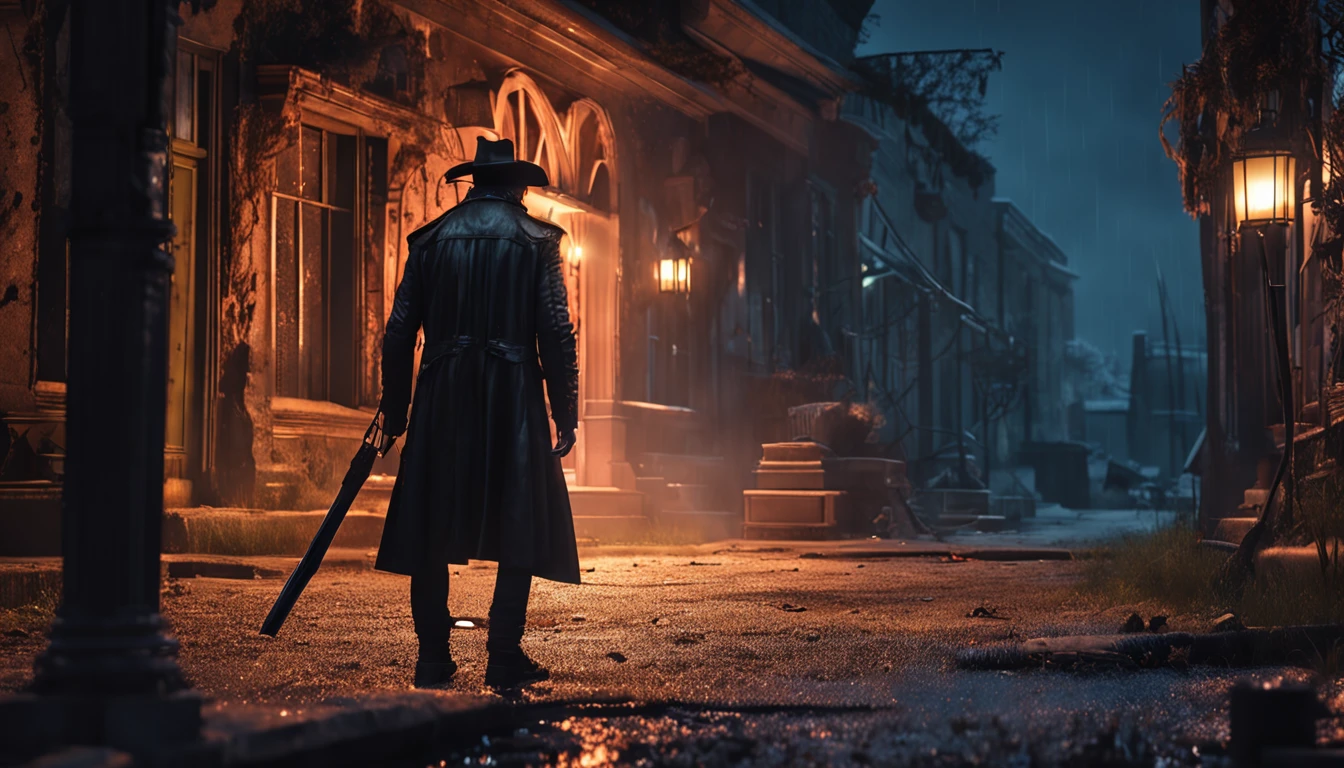 a vampire hunter stalking the night, 8k, ((masterpiece)), HDR, highly detailed, professional