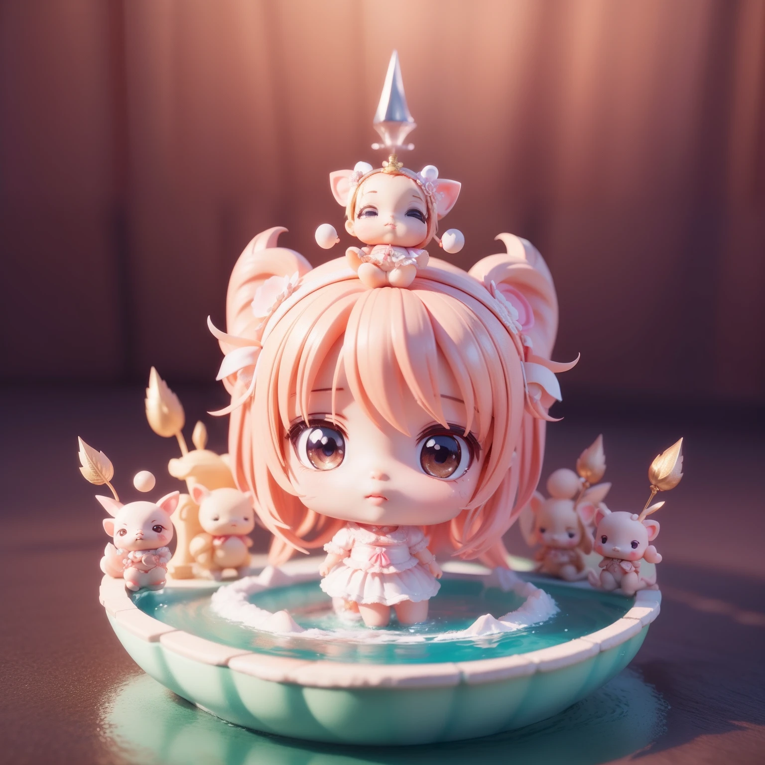 Cute  Chibi Anime、(((Chibi 3D))) (Best Quality), (masutepiece)、Pork Chibi、Sharp Claw Pose、A detailed face、Standing、The background is a fountain in fairytale land、Splash